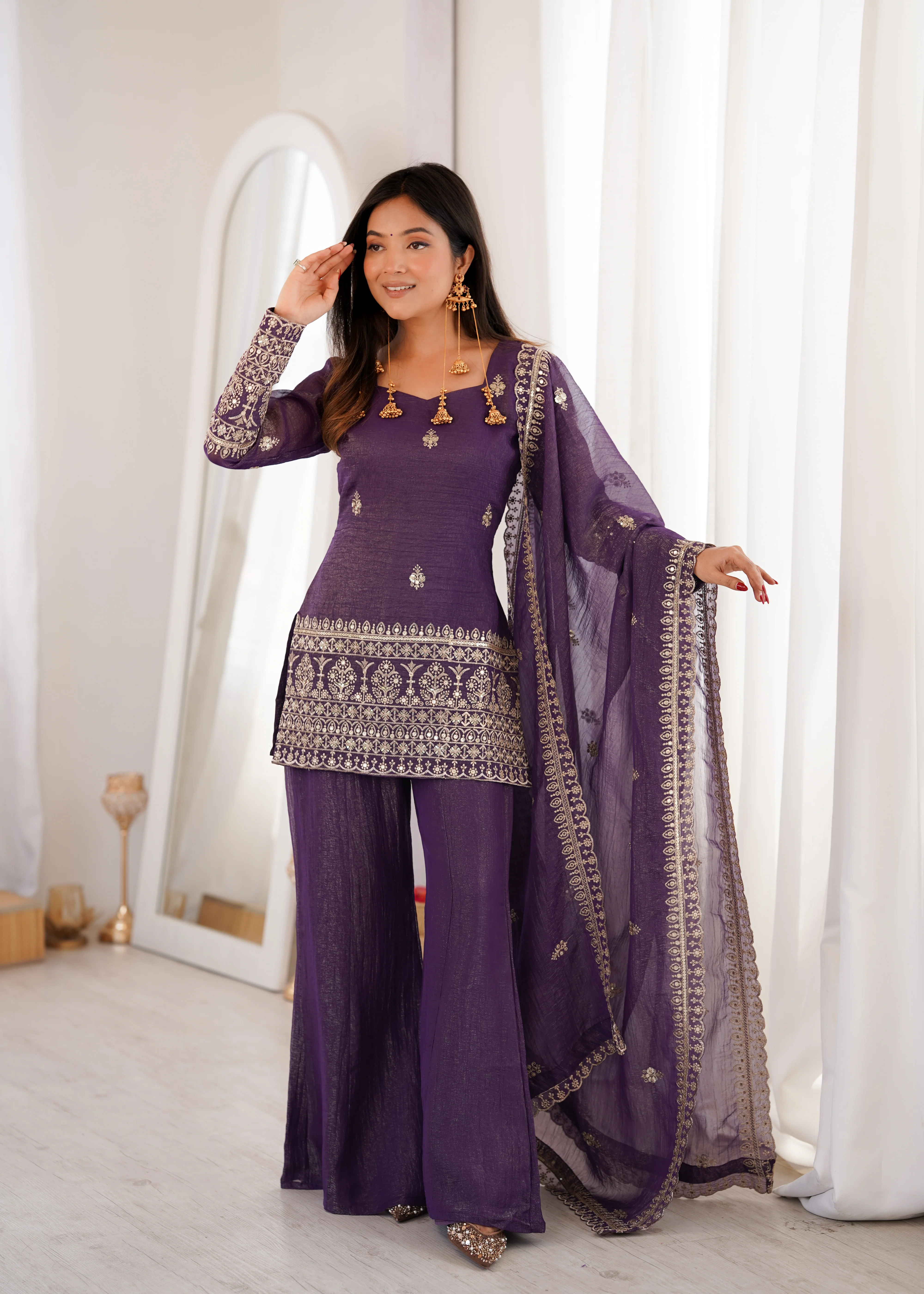 Designer Purple Crunchy Silk Jari Work Kurta Set with Bell Bottom Pant