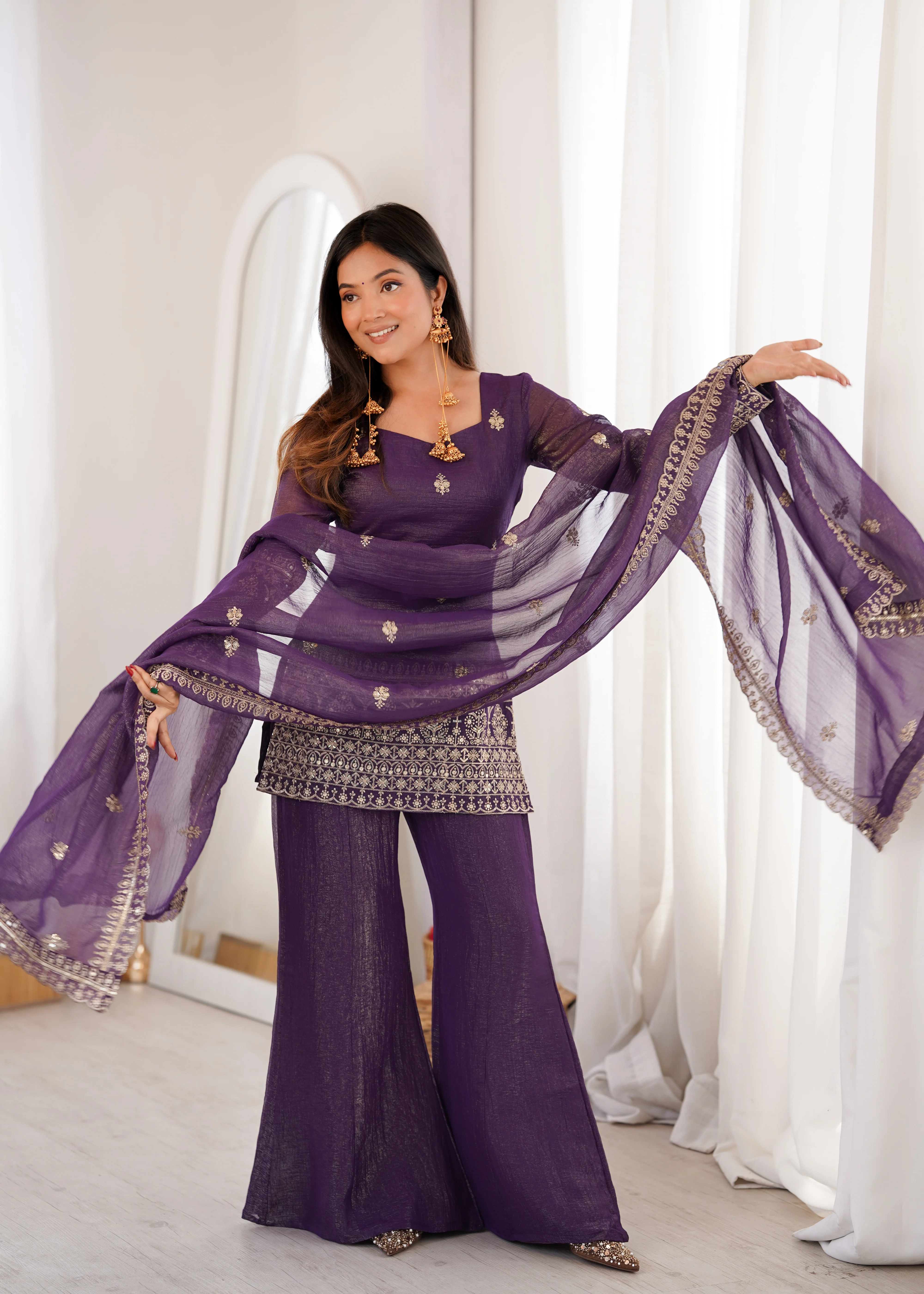 Designer Purple Crunchy Silk Jari Work Kurta Set with Bell Bottom Pant - Image 2