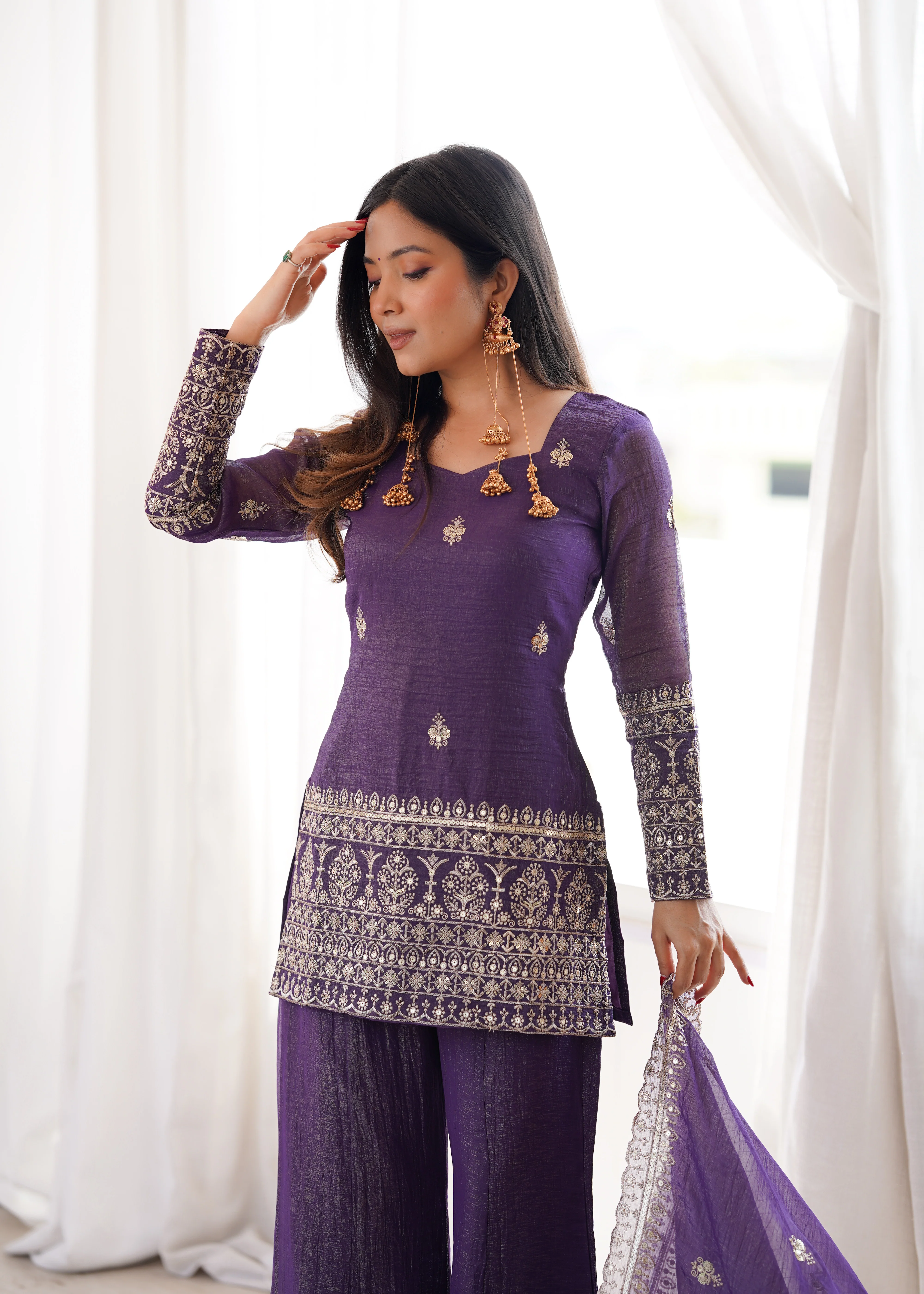 Designer Purple Crunchy Silk Jari Work Kurta Set with Bell Bottom Pant - Image 4