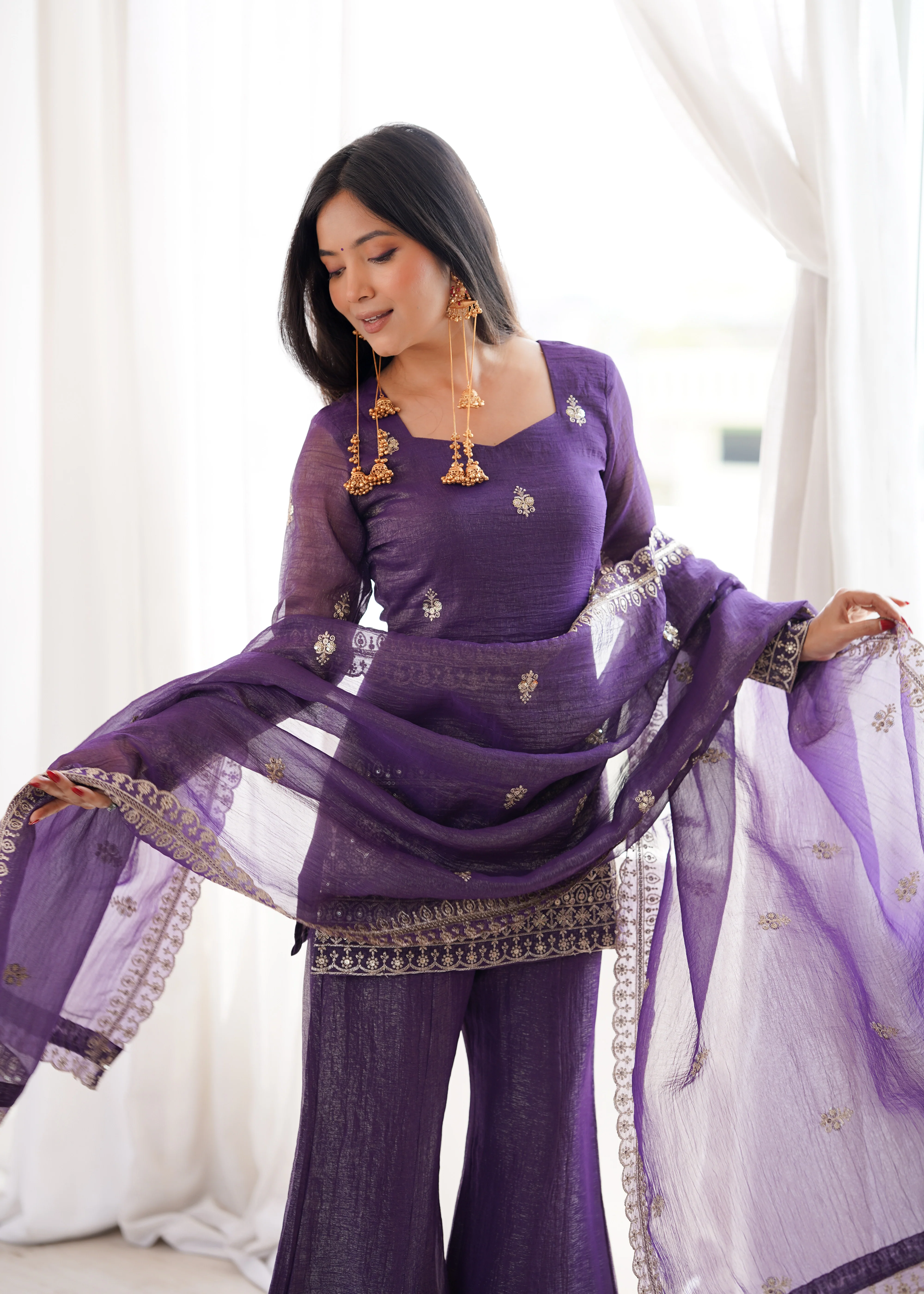 Designer Purple Crunchy Silk Jari Work Kurta Set with Bell Bottom Pant - Image 6