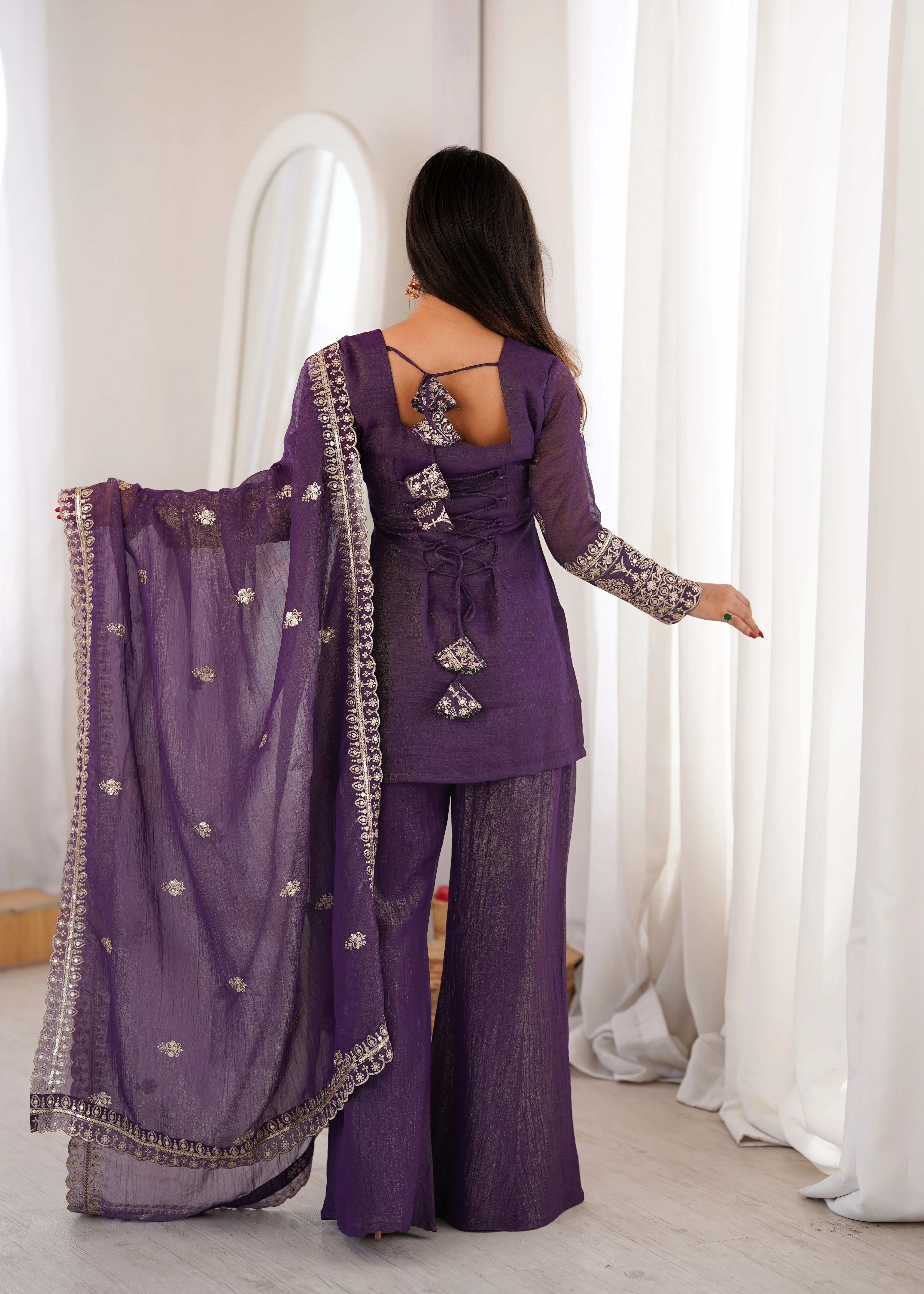 Designer Purple Crunchy Silk Jari Work Kurta Set with Bell Bottom Pant - Image 7