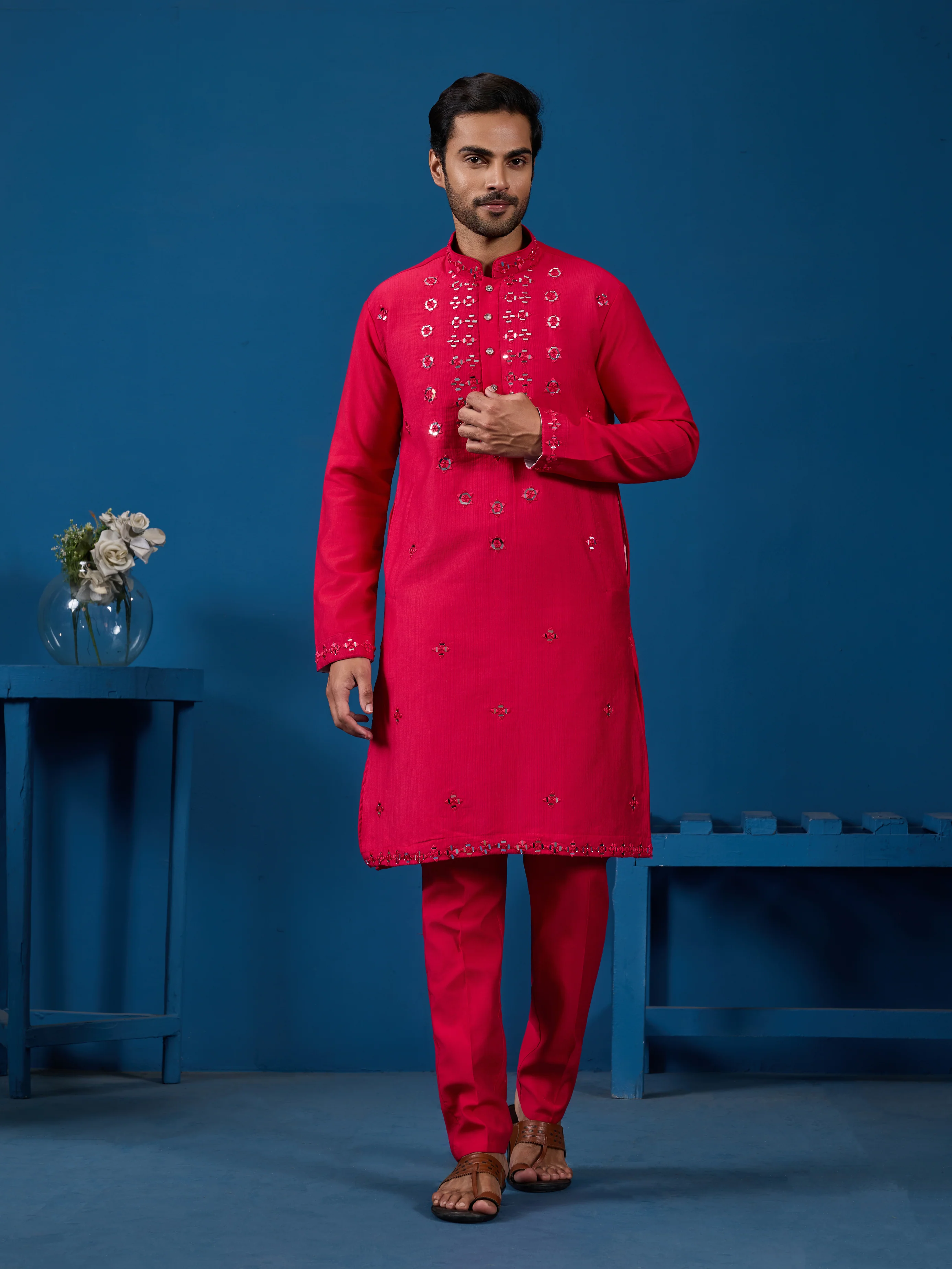 Designer Rani Mirror Embroidered Kurta for Mens Wear - Image 6