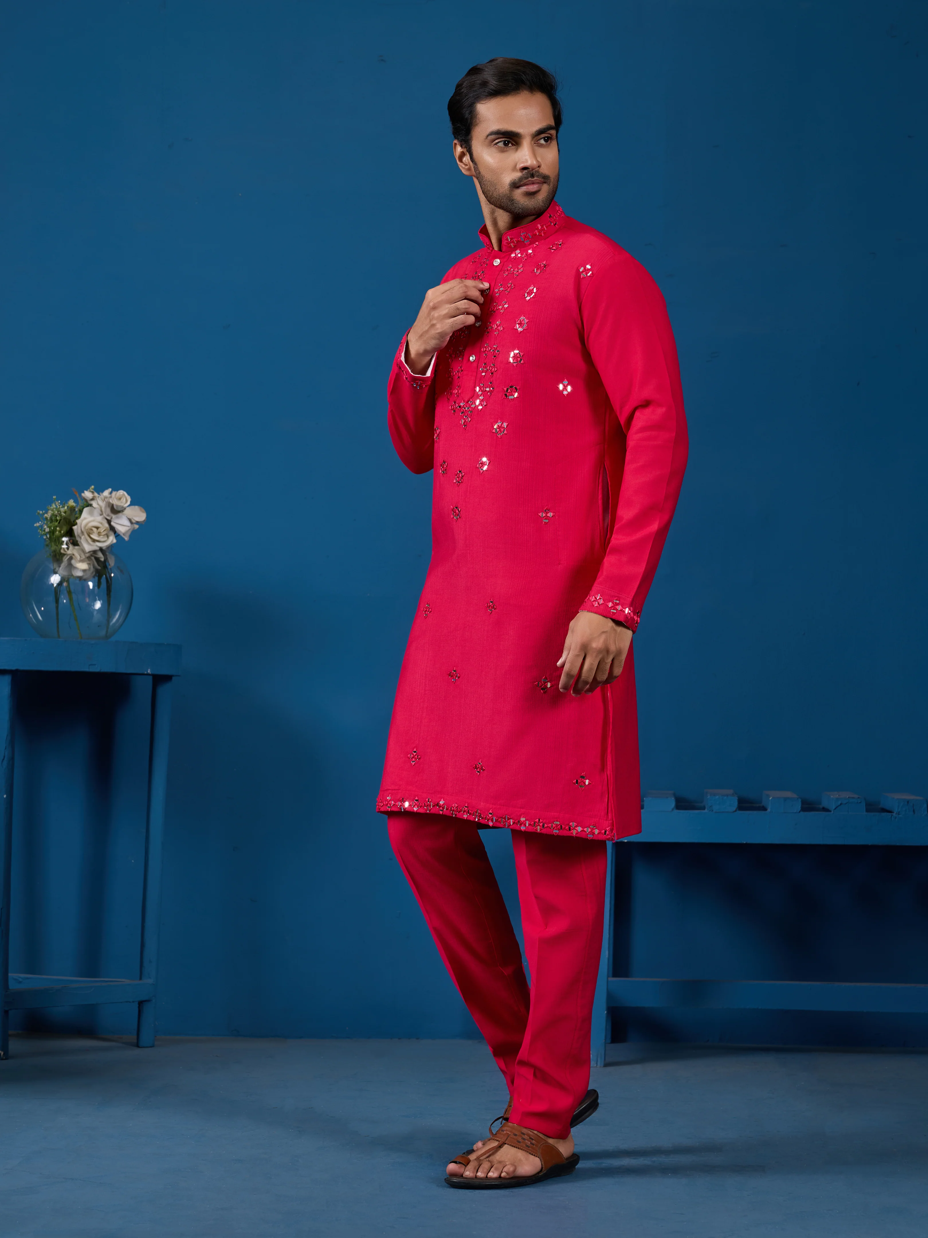 Designer Rani Mirror Embroidered Kurta for Mens Wear - Image 7
