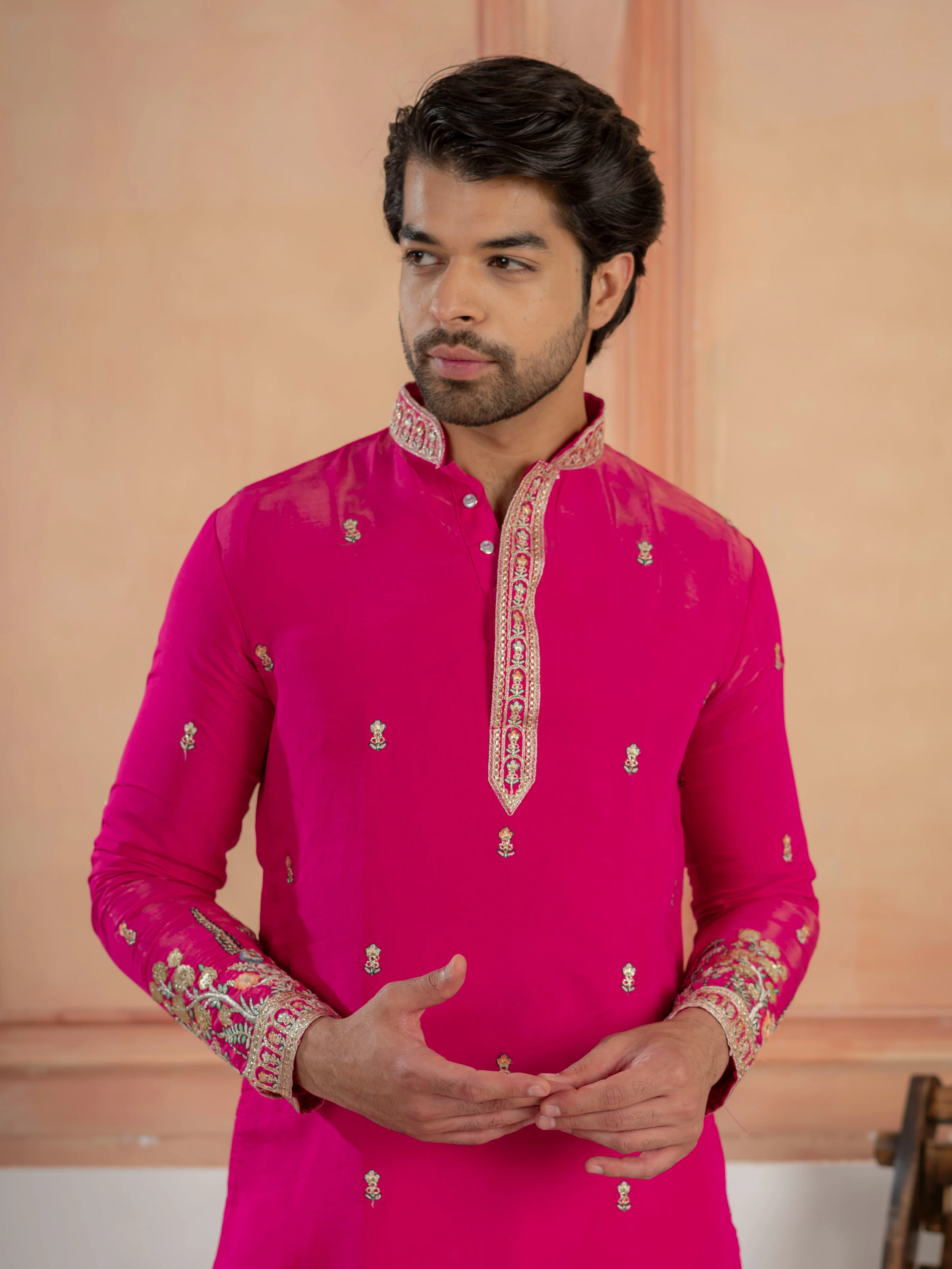 Designer Rani Pink Roman Shimmer Embroidered Kurta Set For Men - Image 2