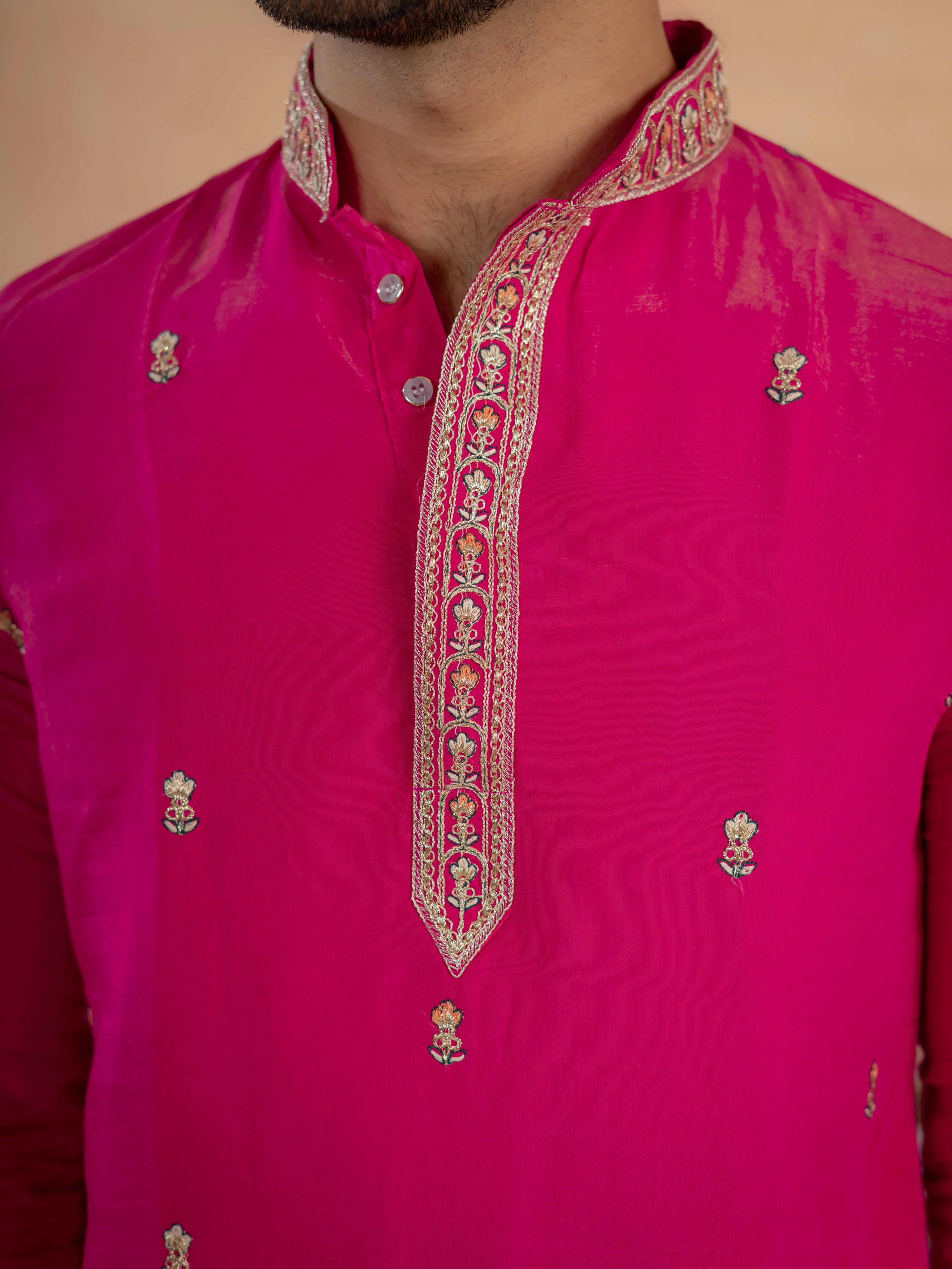 Designer Rani Pink Roman Shimmer Embroidered Kurta Set For Men - Image 3