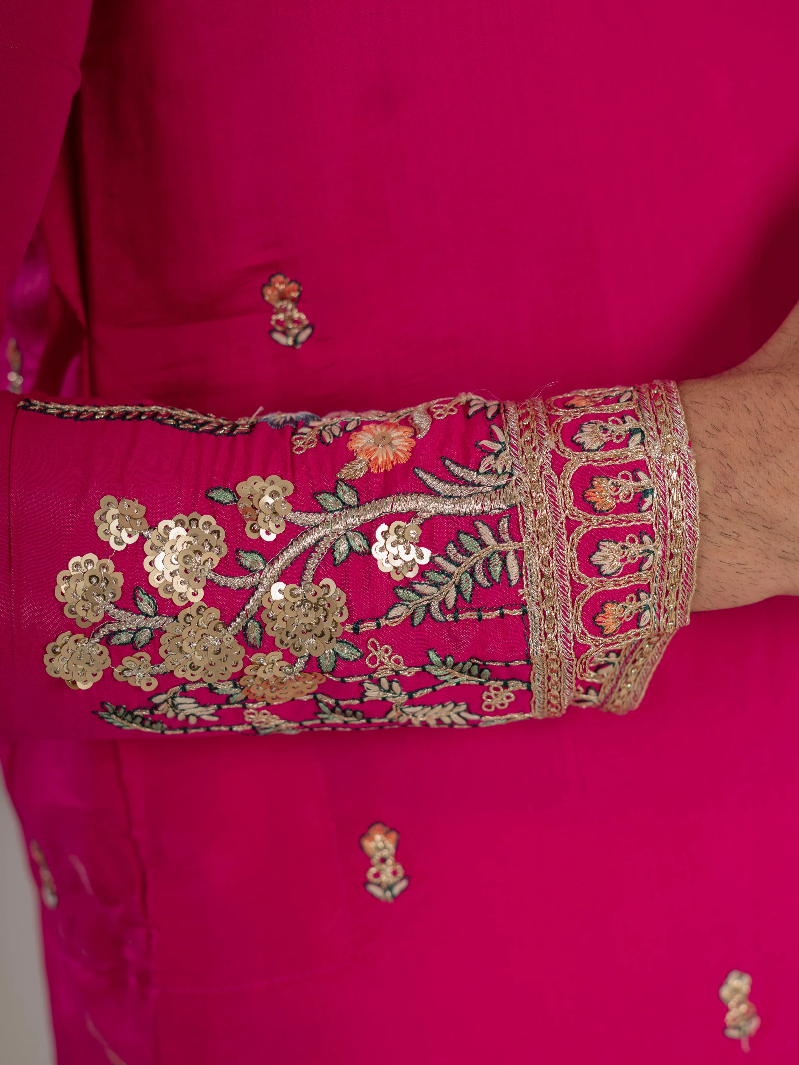 Designer Rani Pink Roman Shimmer Embroidered Kurta Set For Men - Image 4