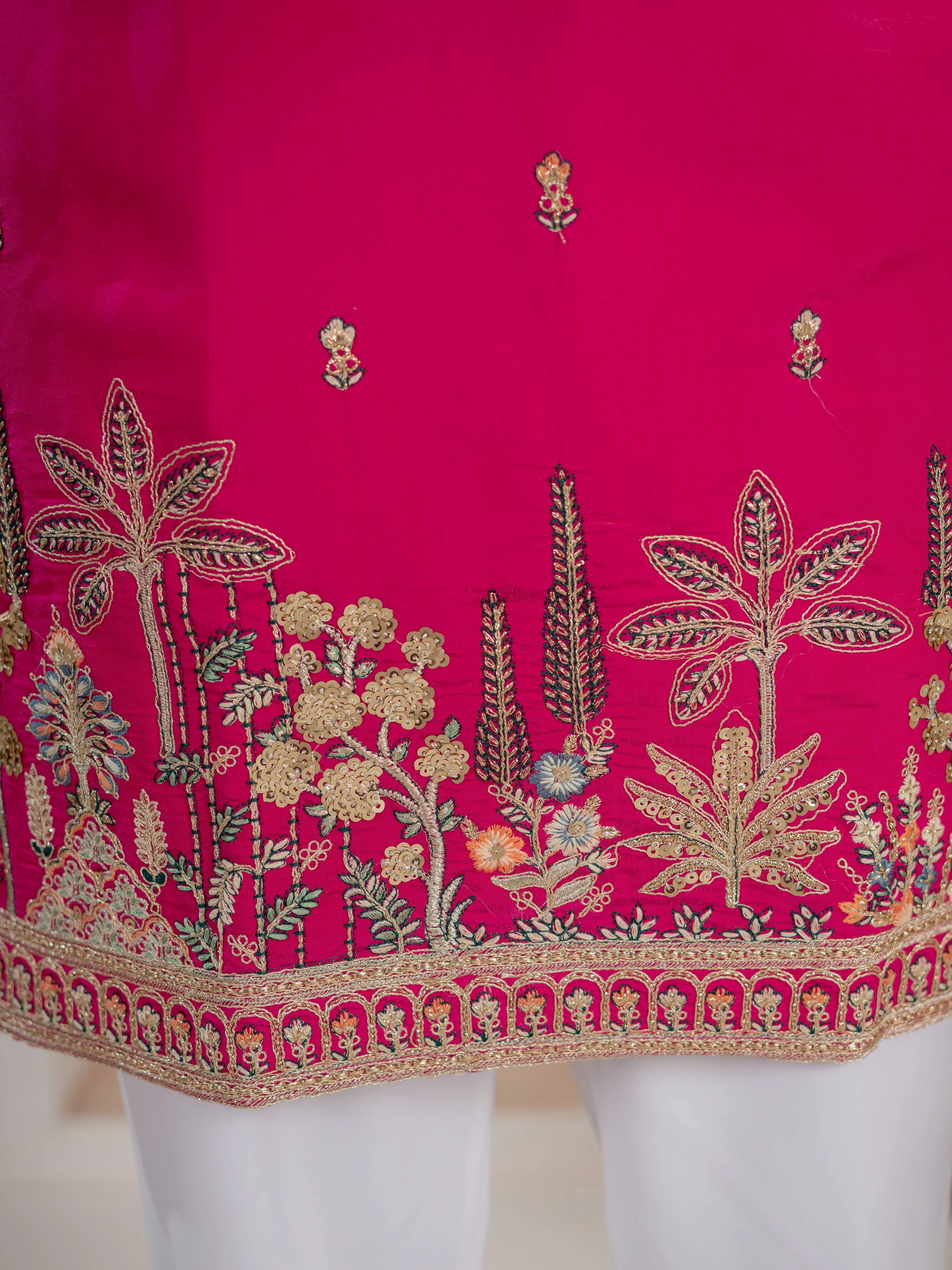 Designer Rani Pink Roman Shimmer Embroidered Kurta Set For Men - Image 5