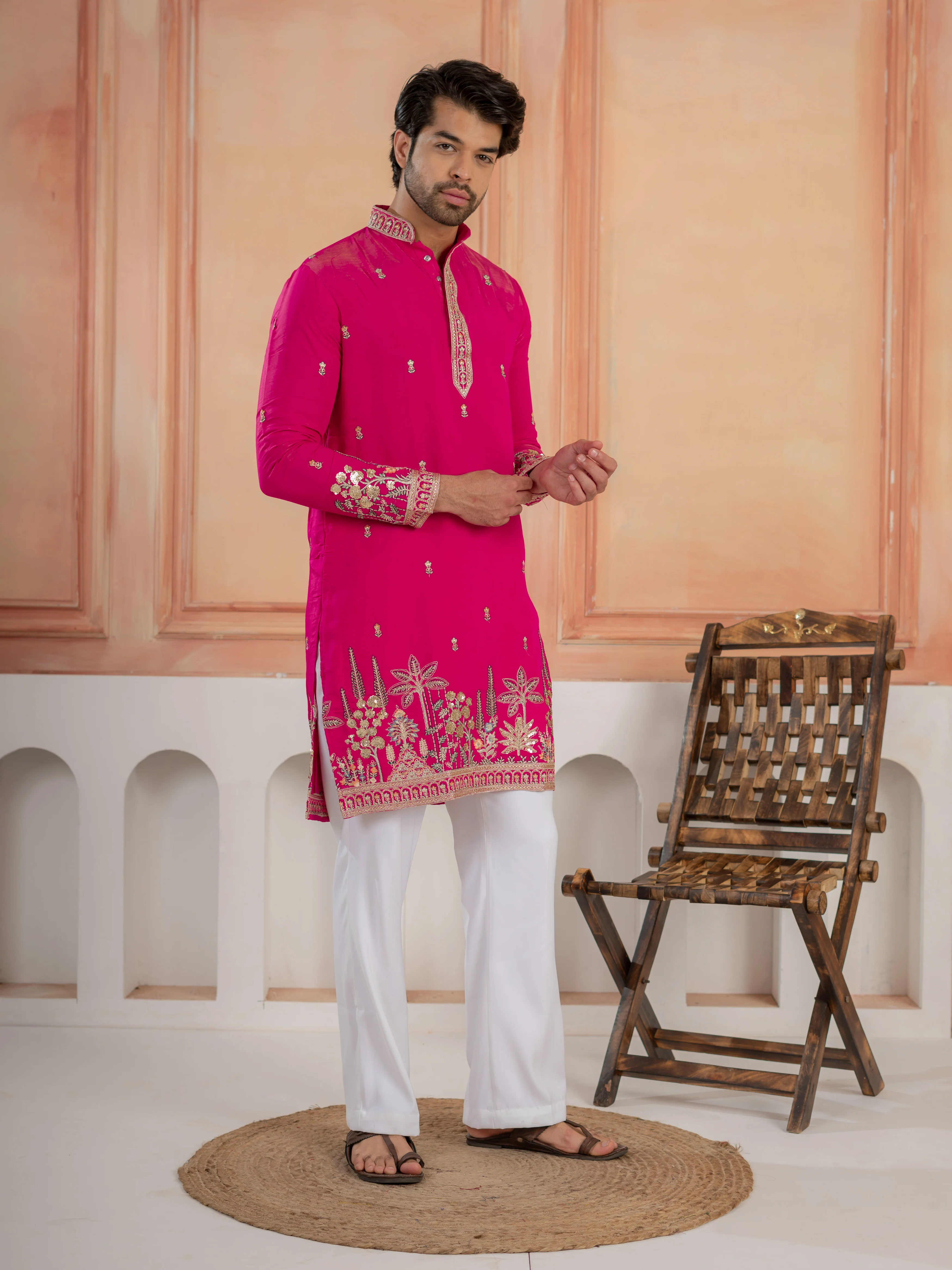 Designer Rani Pink Roman Shimmer Embroidered Kurta Set For Men - Image 6