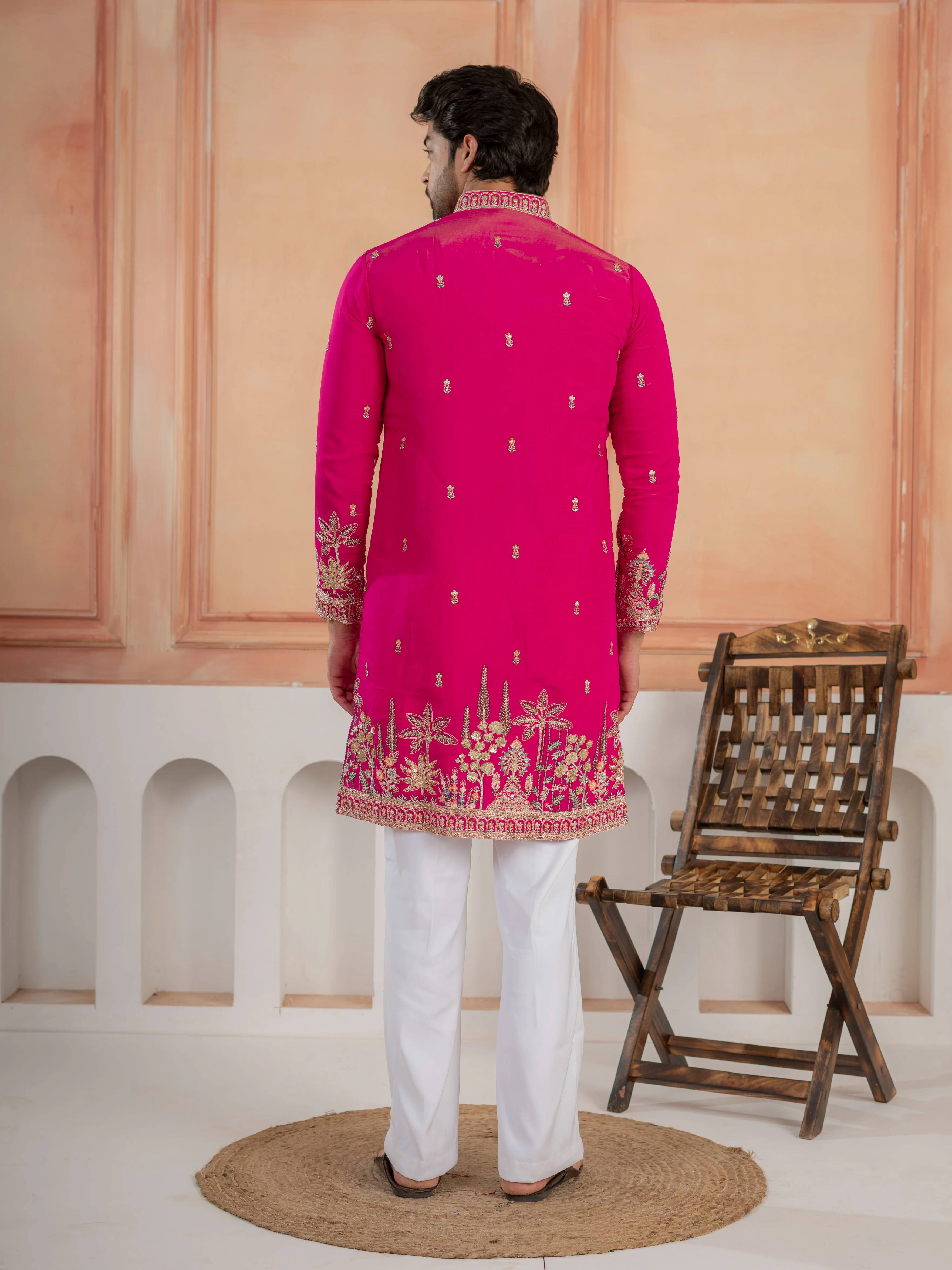 Designer Rani Pink Roman Shimmer Embroidered Kurta Set For Men - Image 7