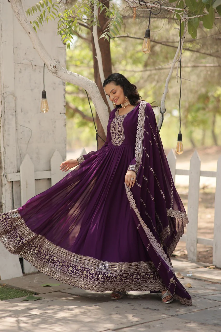 Designer Sequins Embroidered Work Stylish Gown With Dupatta Set - Image 28