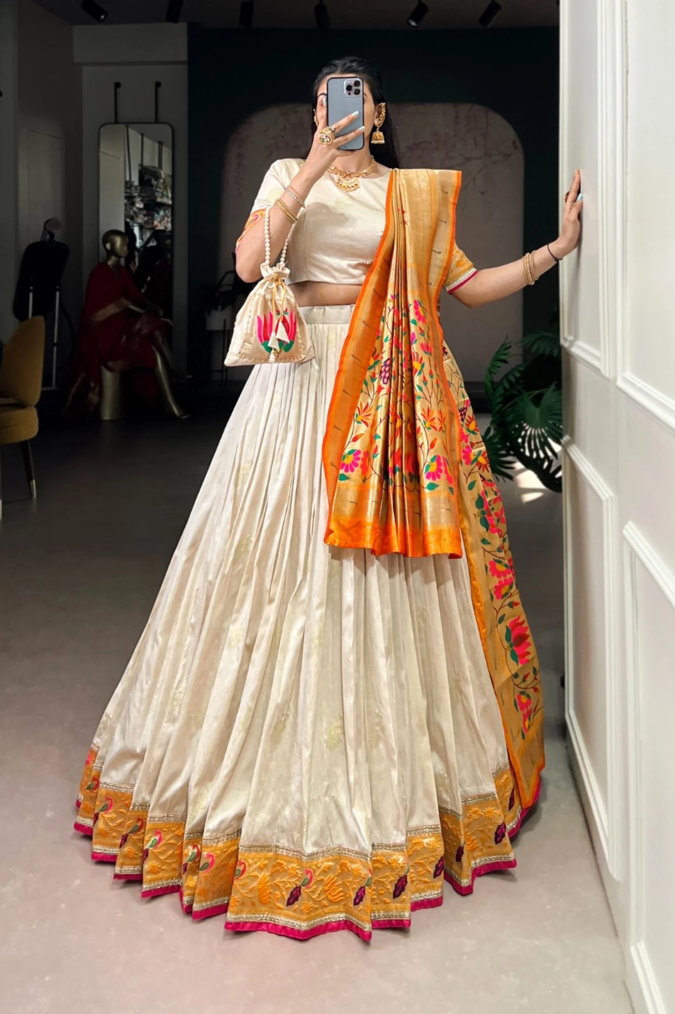 Designer Silk Paithani Lehenga Choli Set With Zari Weaving - Image 12