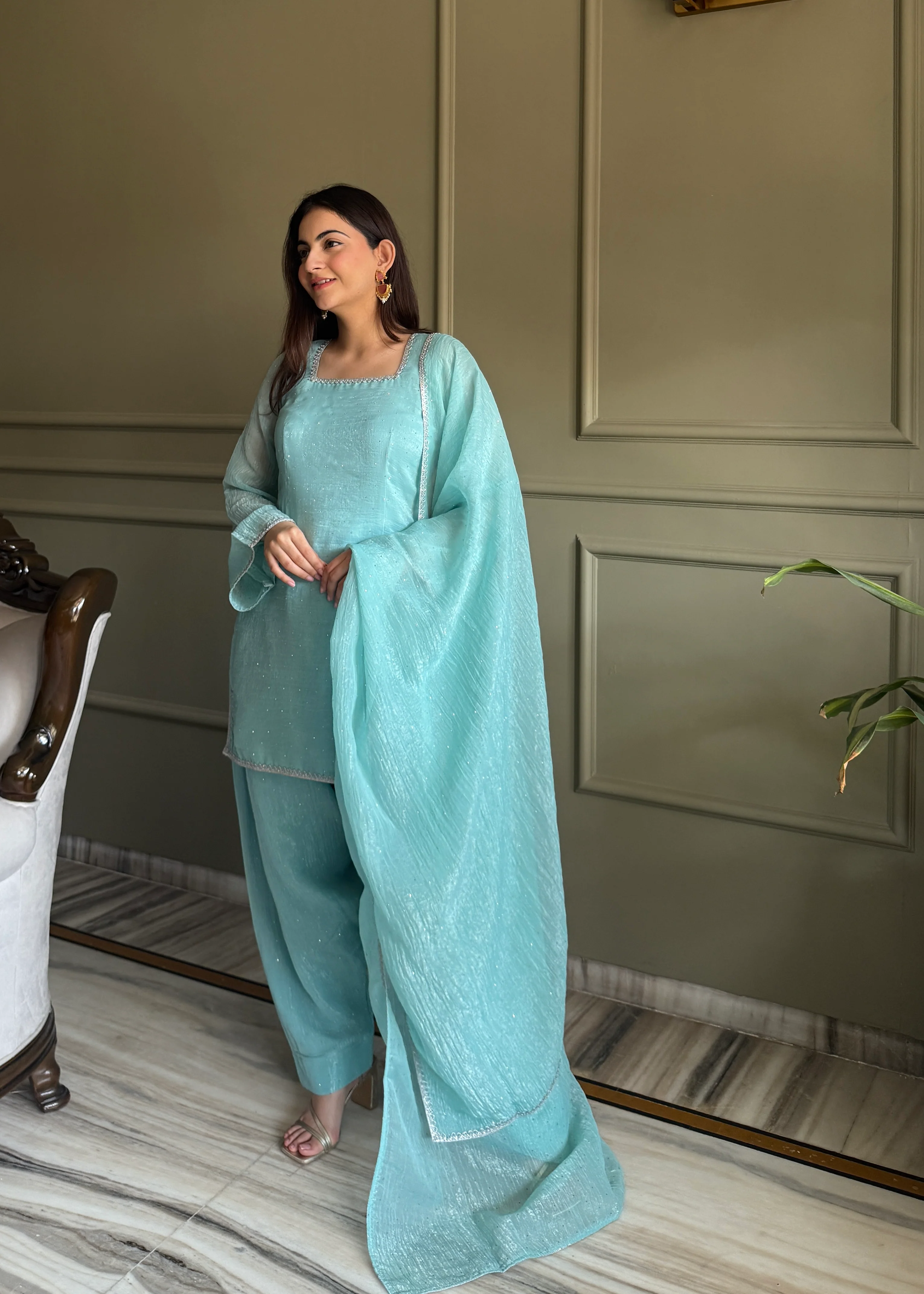 Designer Sky Crunchy Silk Siroski Work Women's Suit Set - Image 3