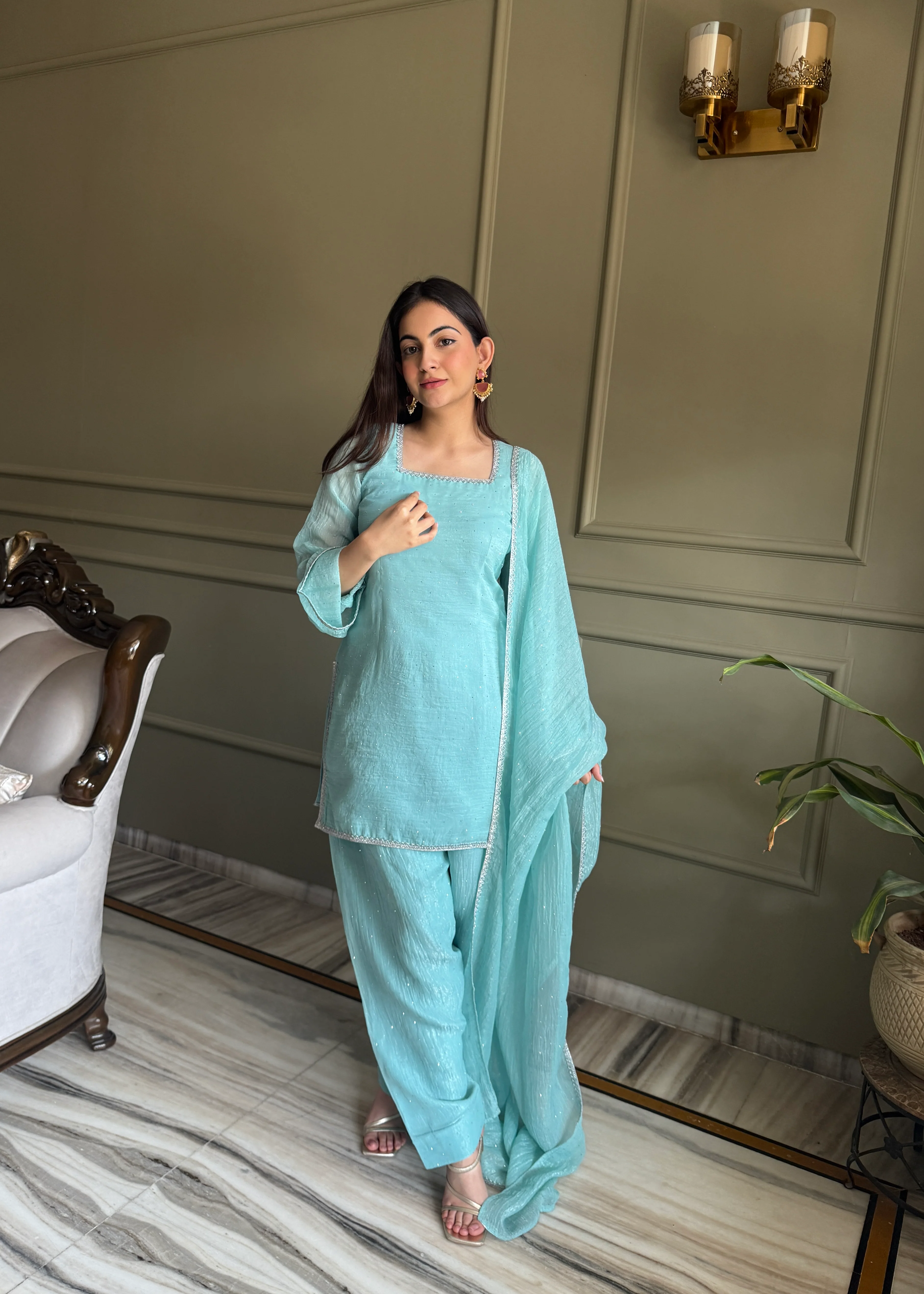 Designer Sky Crunchy Silk Siroski Work Women's Suit Set - Image 4