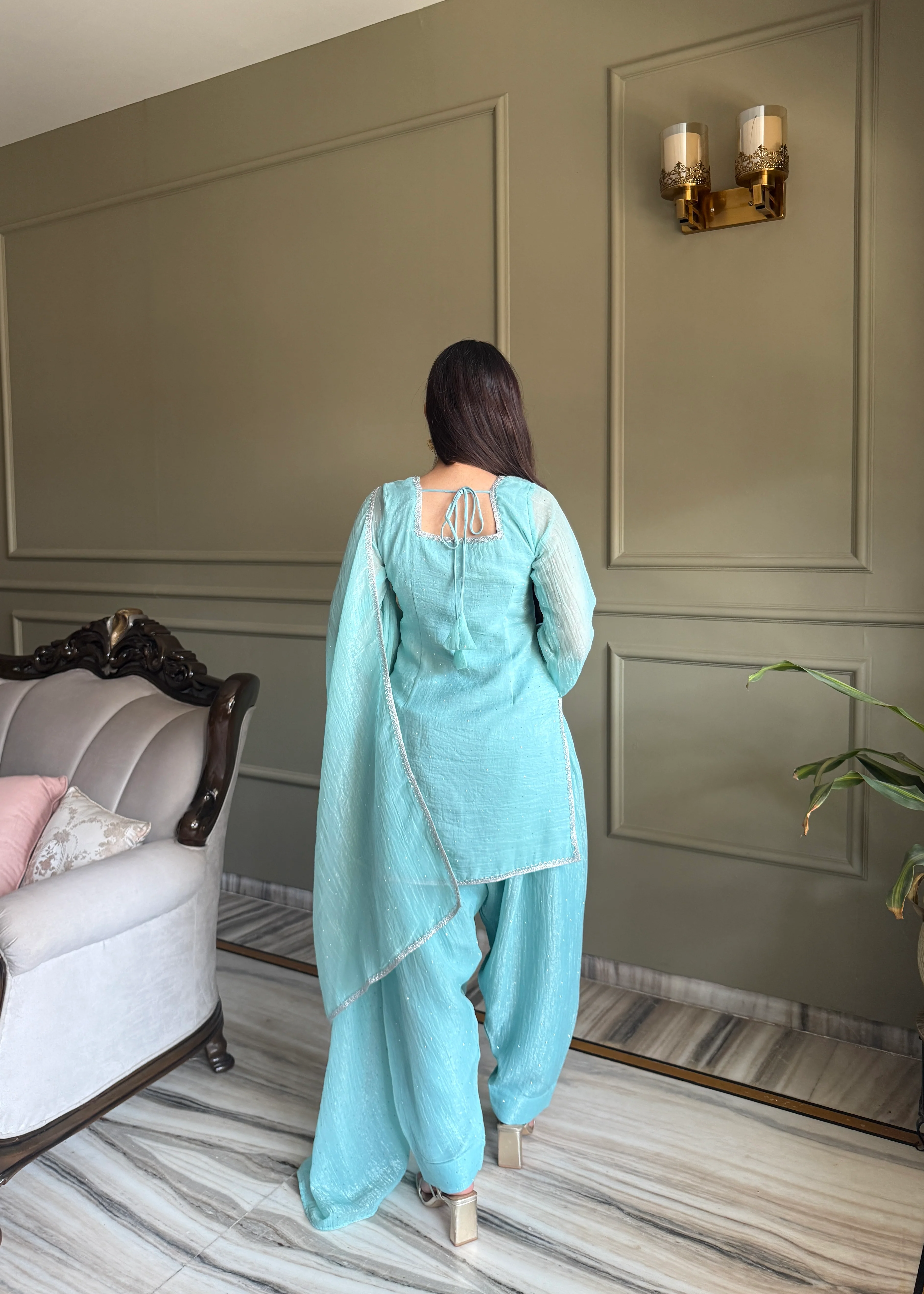 Designer Sky Crunchy Silk Siroski Work Women's Suit Set - Image 5