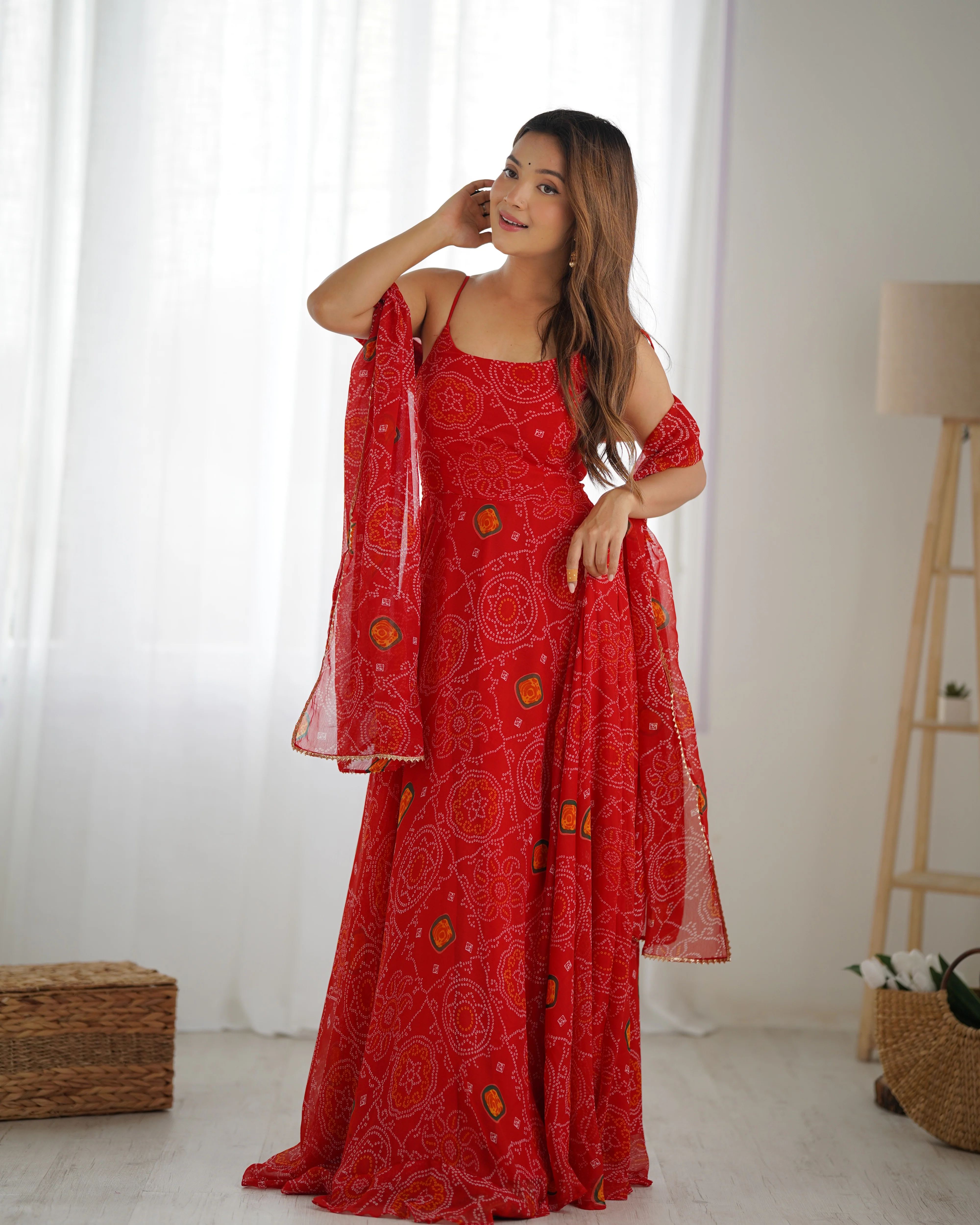 Designer Soft Chiffon Bandhej Fully Flared Gown Set - Image 5