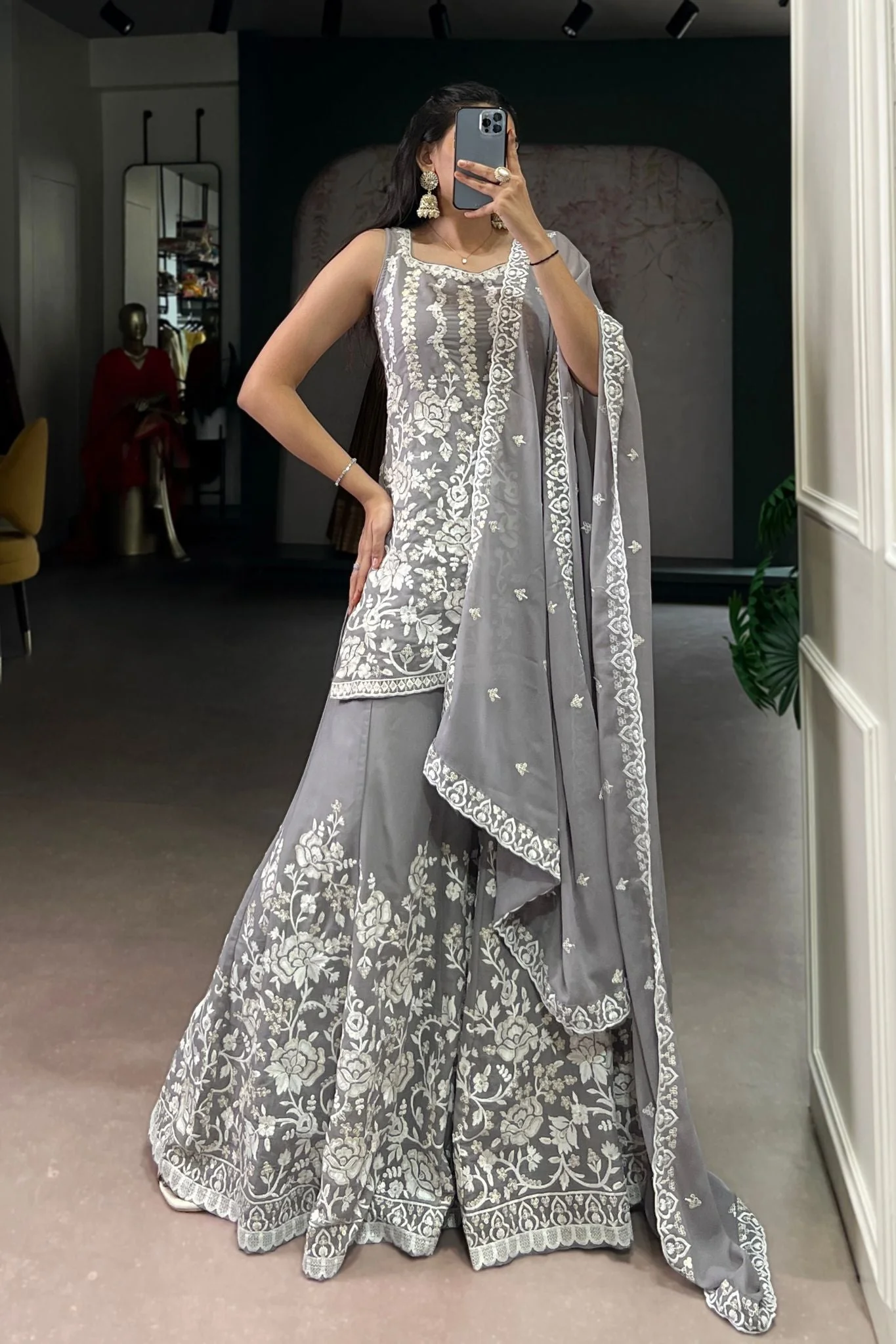 Designer Star Georgette Suit Sequins Thread Embroidery Work Set - Image 2