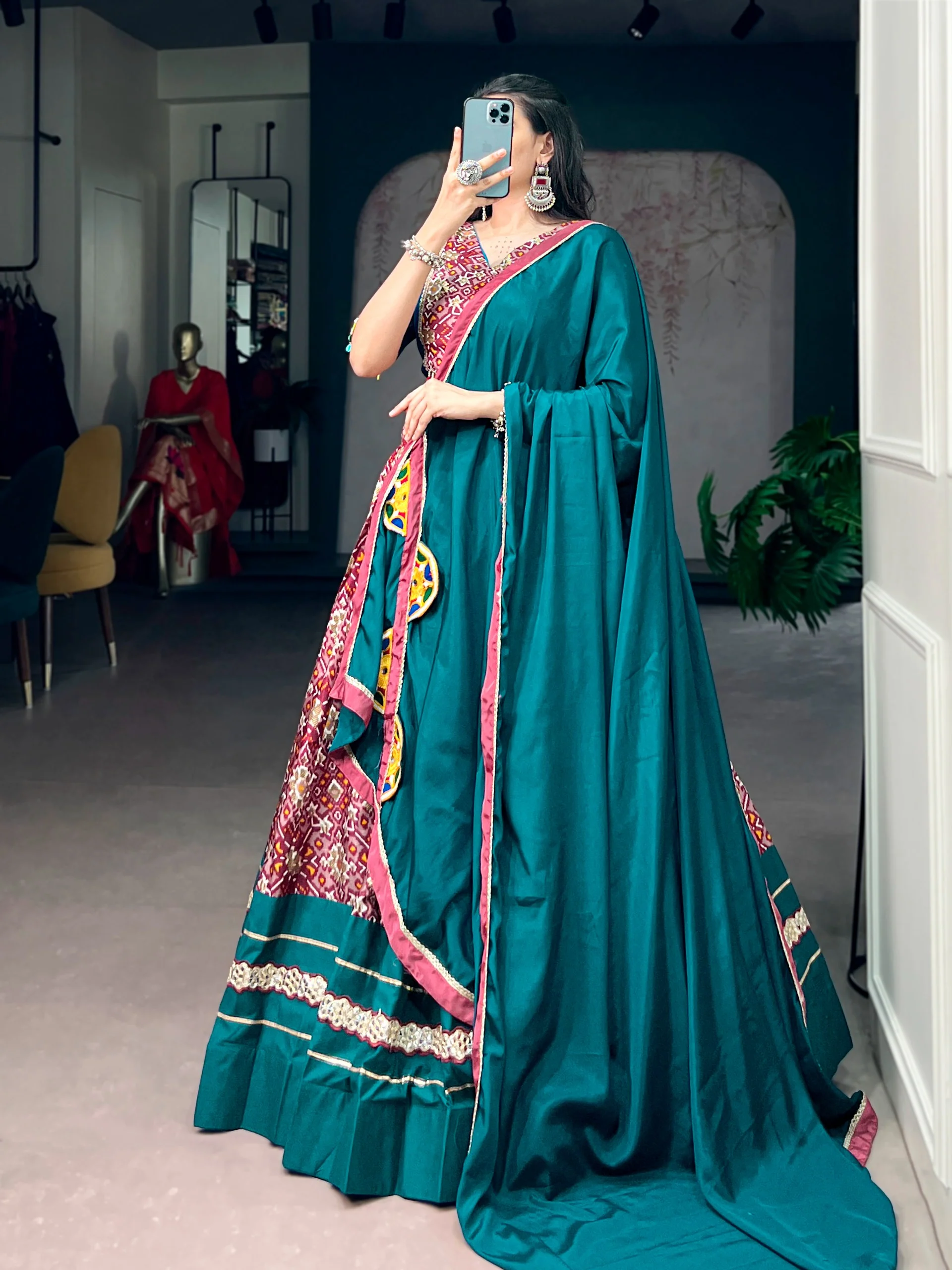 Designer Teal Blue Printed Tasar Silk Lehenga for Garba Nights - Image 3