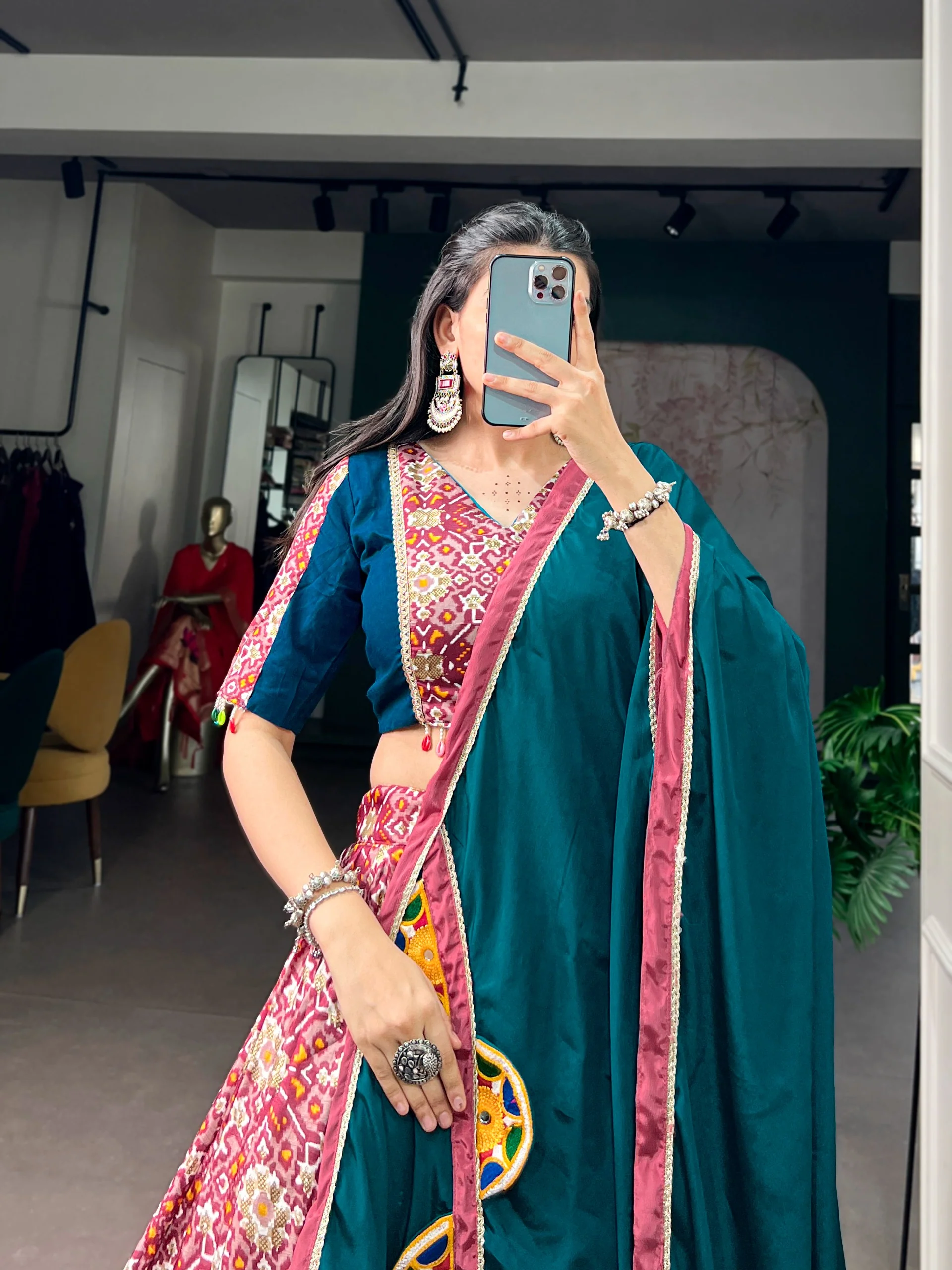 Designer Teal Blue Printed Tasar Silk Lehenga for Garba Nights - Image 4