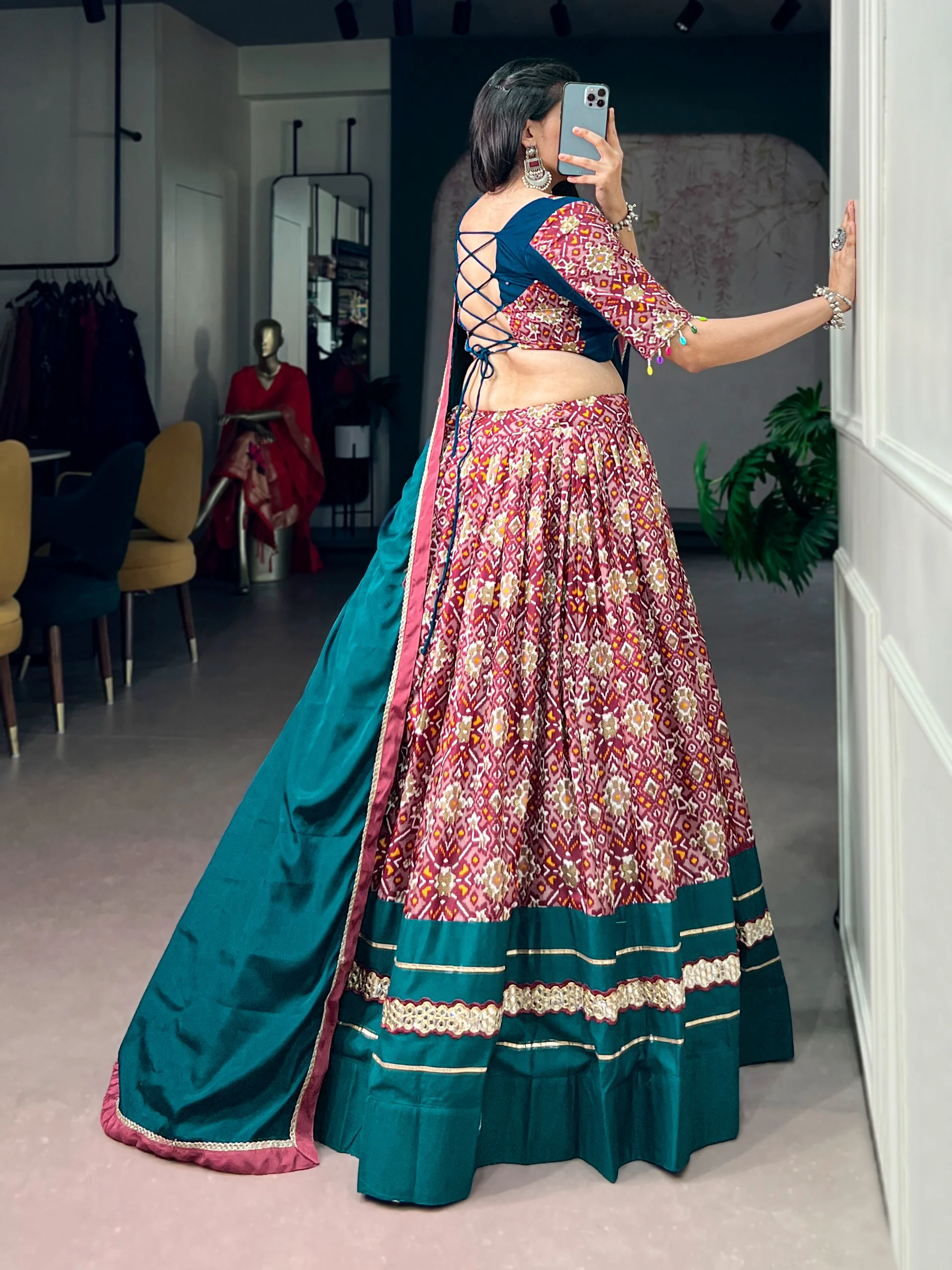 Designer Teal Blue Printed Tasar Silk Lehenga for Garba Nights - Image 5