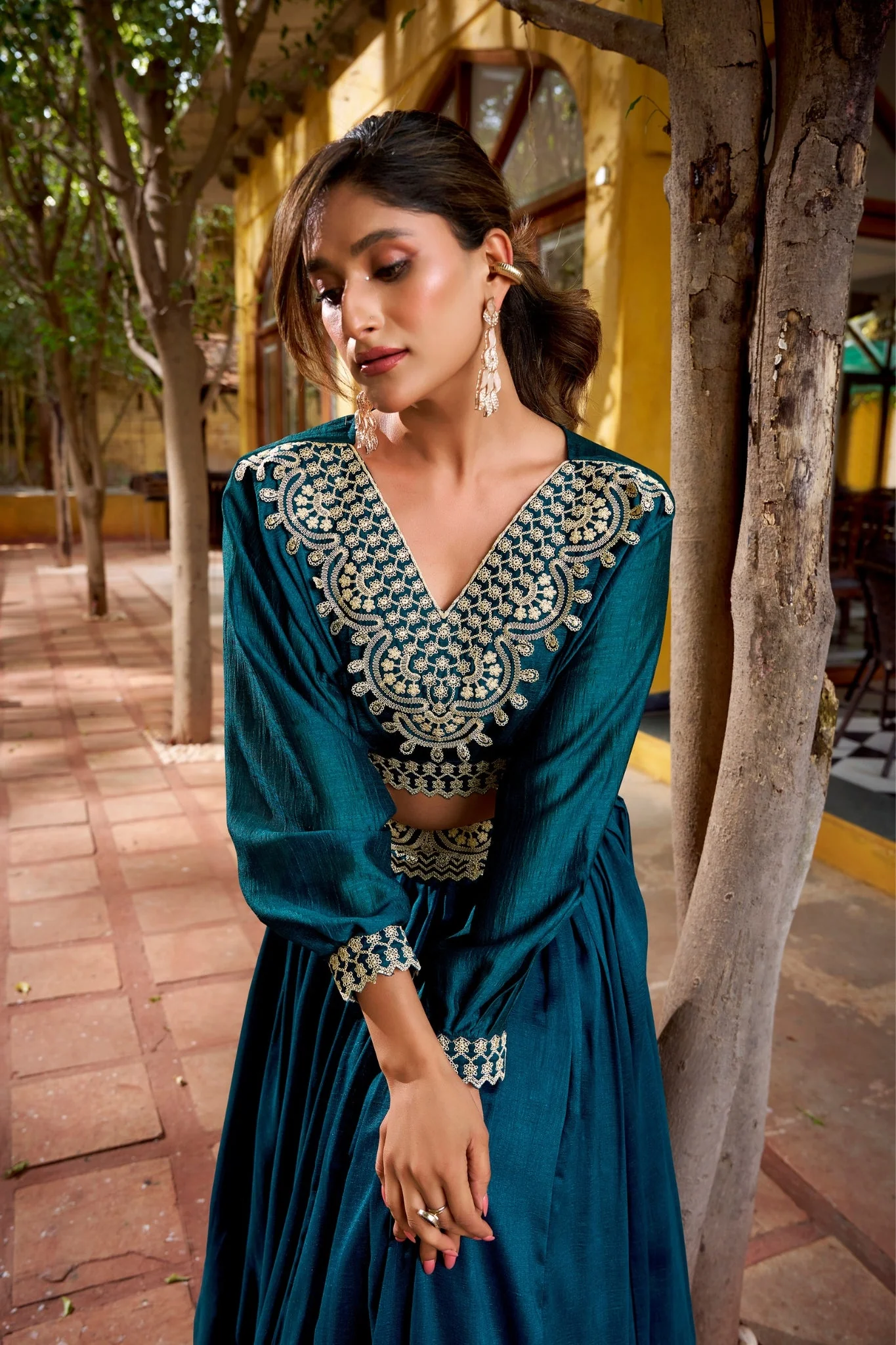 Designer Vichitra Silk Thread Embroidered Lehenga Co Ord Set - Image 9