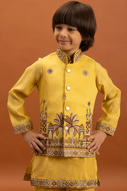 Designer Yellow Koti Kurta Set for Kids Wear - Image 2