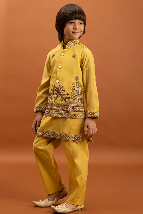 Designer Yellow Koti Kurta Set for Kids Wear - Image 3