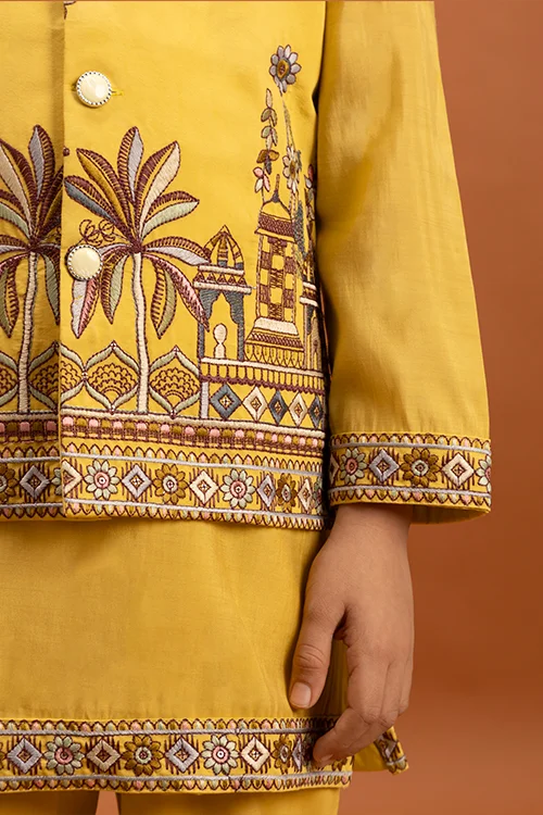 Designer Yellow Koti Kurta Set for Kids Wear - Image 4