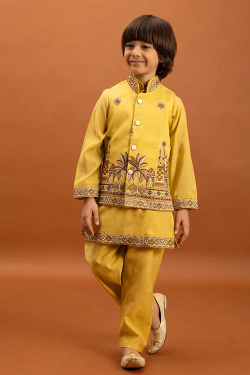 Designer Yellow Koti Kurta Set for Kids Wear - Image 5