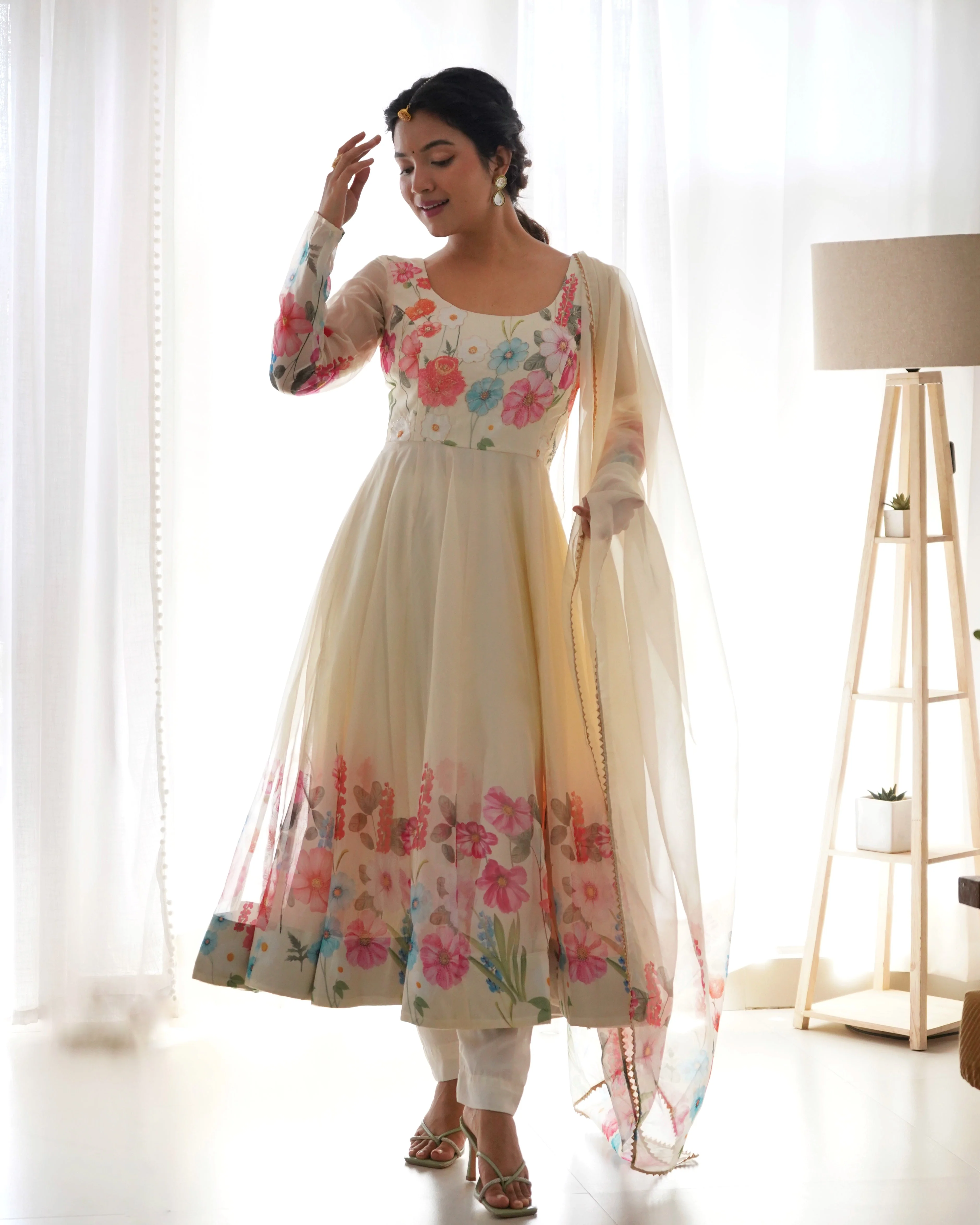 Digitally Printed & Embroidered Yoke Pure Soft Organza Anarkali Suit With Huge Flair Comes With Duppatta - Image 4