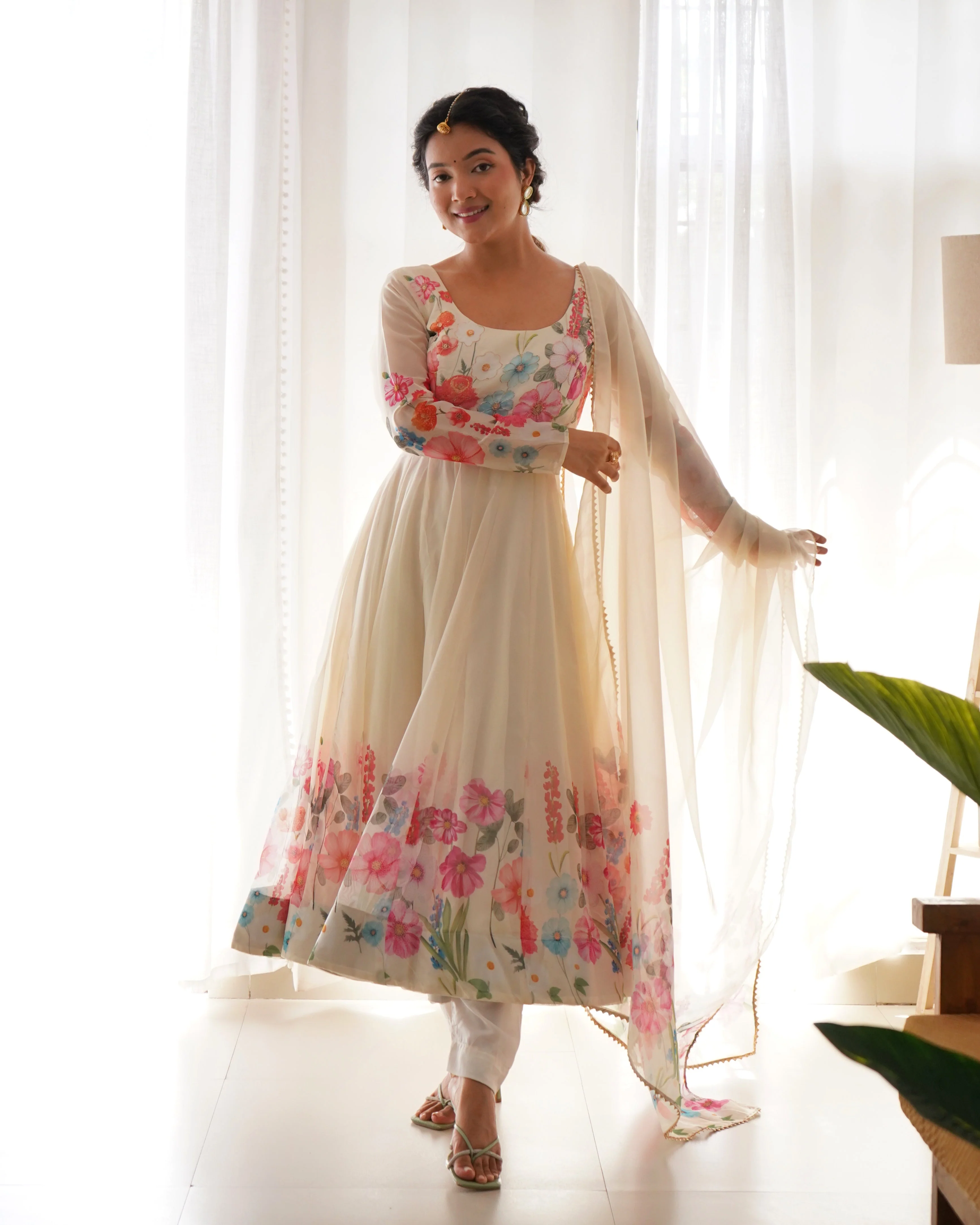 Digitally Printed & Embroidered Yoke Pure Soft Organza Anarkali Suit With Huge Flair Comes With Duppatta - Image 5