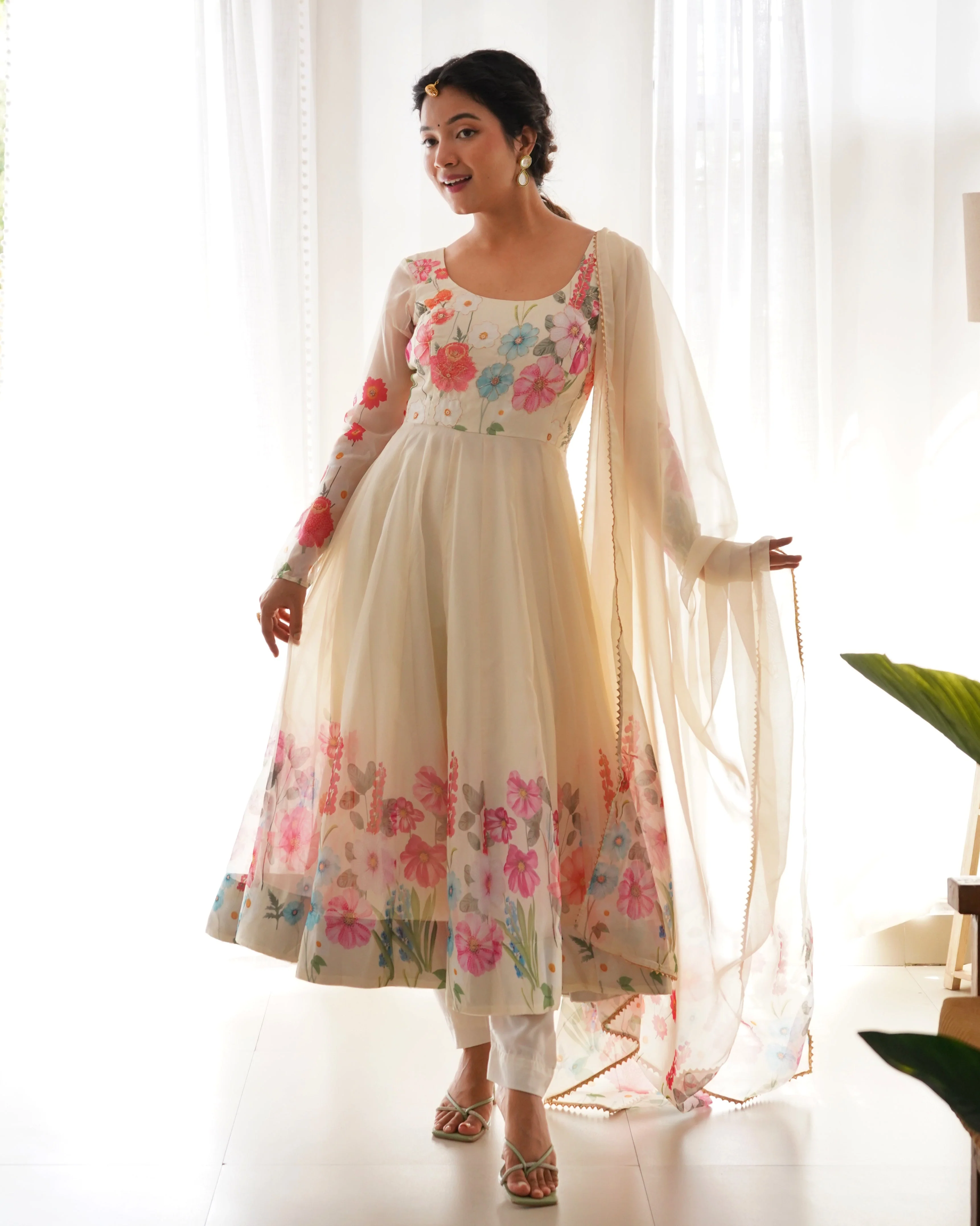 Digitally Printed & Embroidered Yoke Pure Soft Organza Anarkali Suit With Huge Flair Comes With Duppatta - Image 6