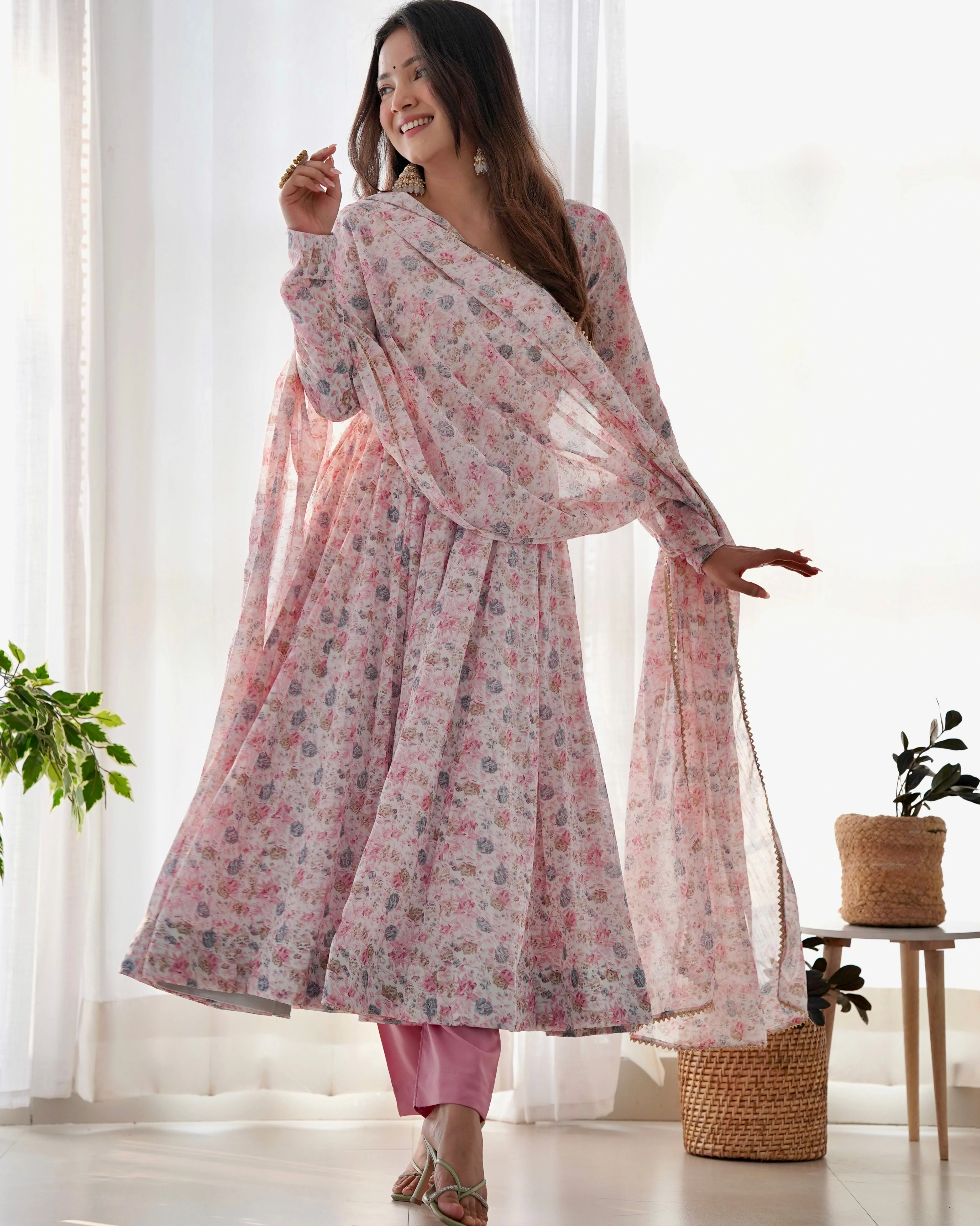 Digitally Printed Pure Chiffon Anarkali Suit With Huge Flair Comes With Duppatta & Pant - Image 2