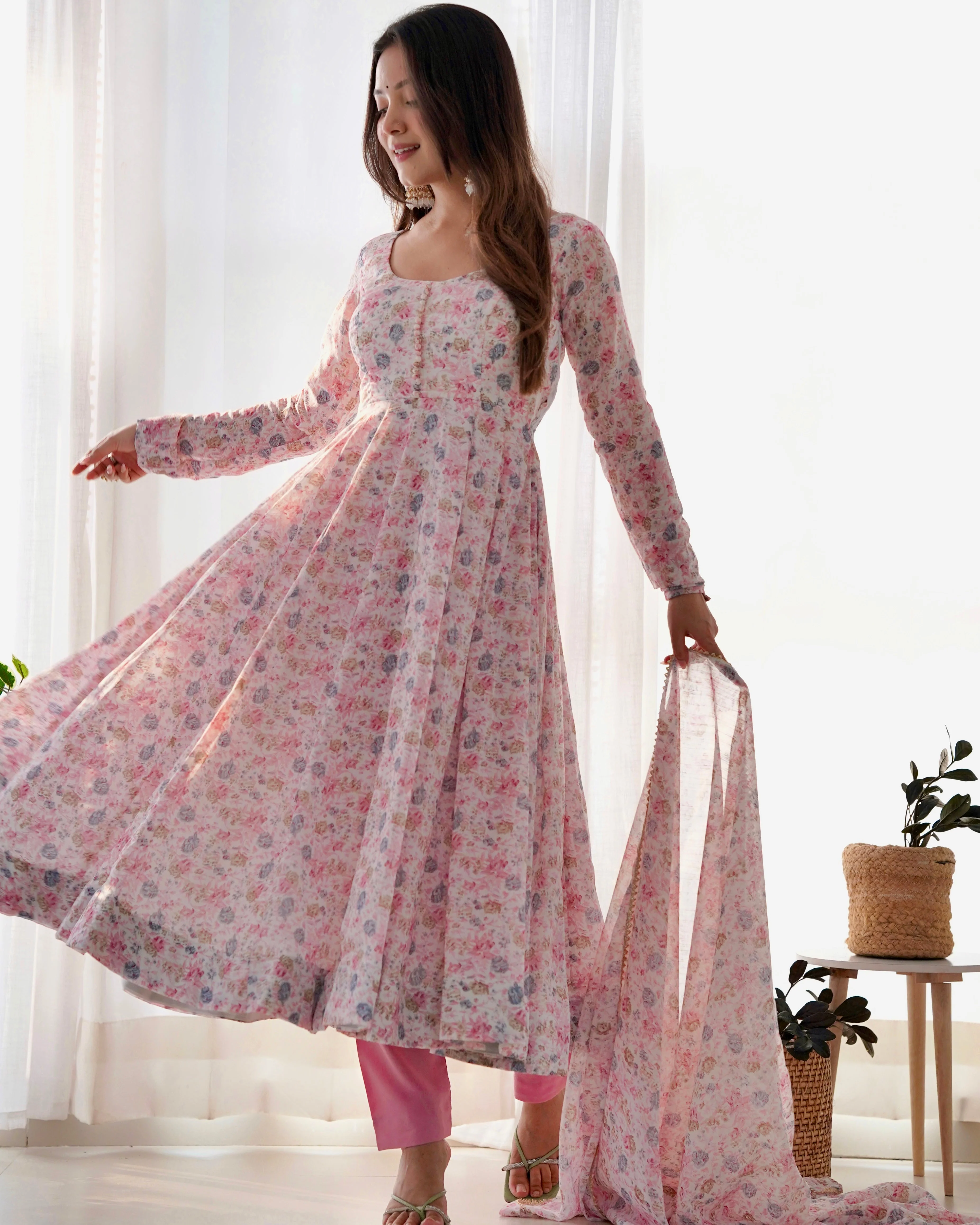 Digitally Printed Pure Chiffon Anarkali Suit With Huge Flair Comes With Duppatta & Pant - Image 3