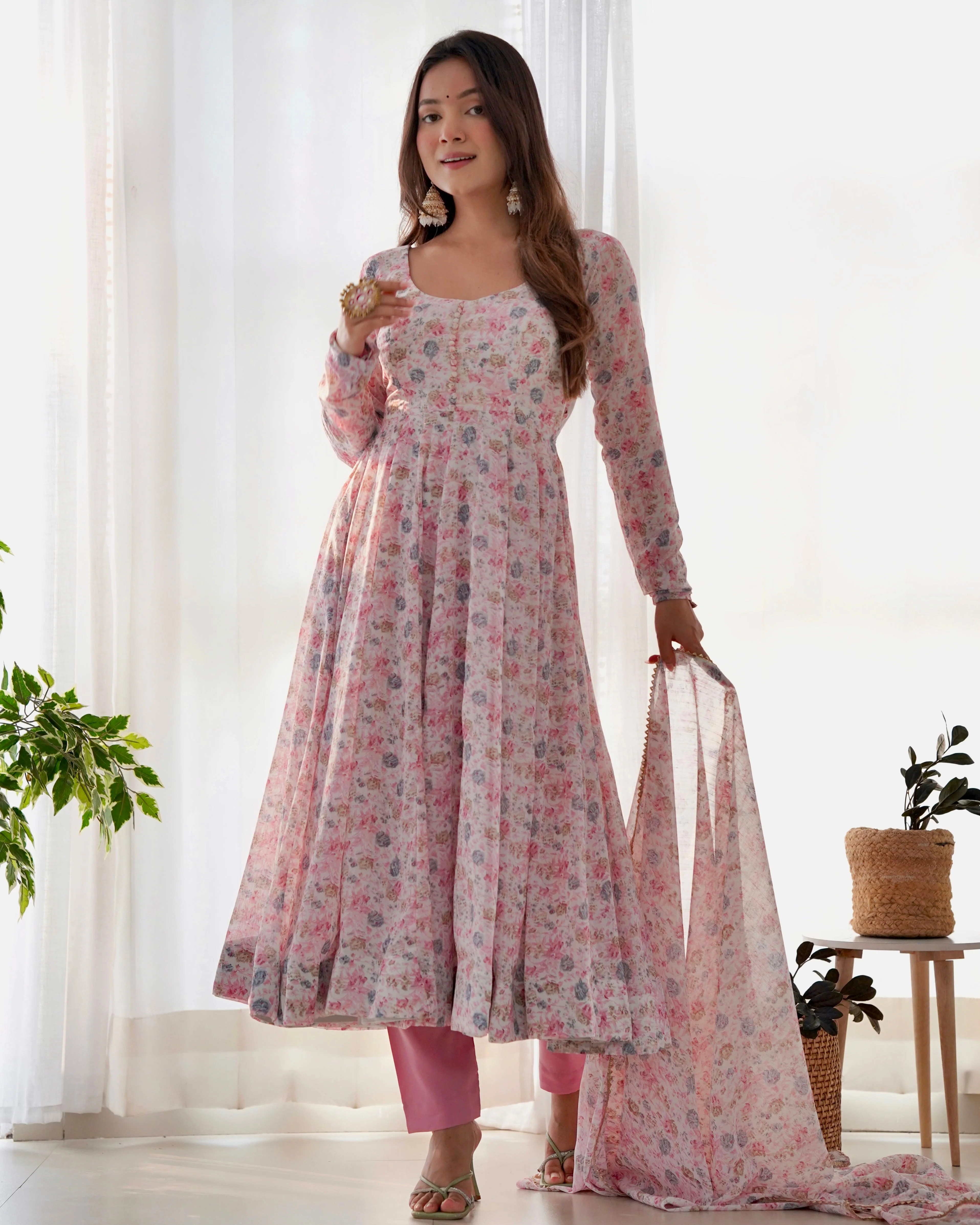 Digitally Printed Pure Chiffon Anarkali Suit With Huge Flair Comes With Duppatta & Pant - Image 4
