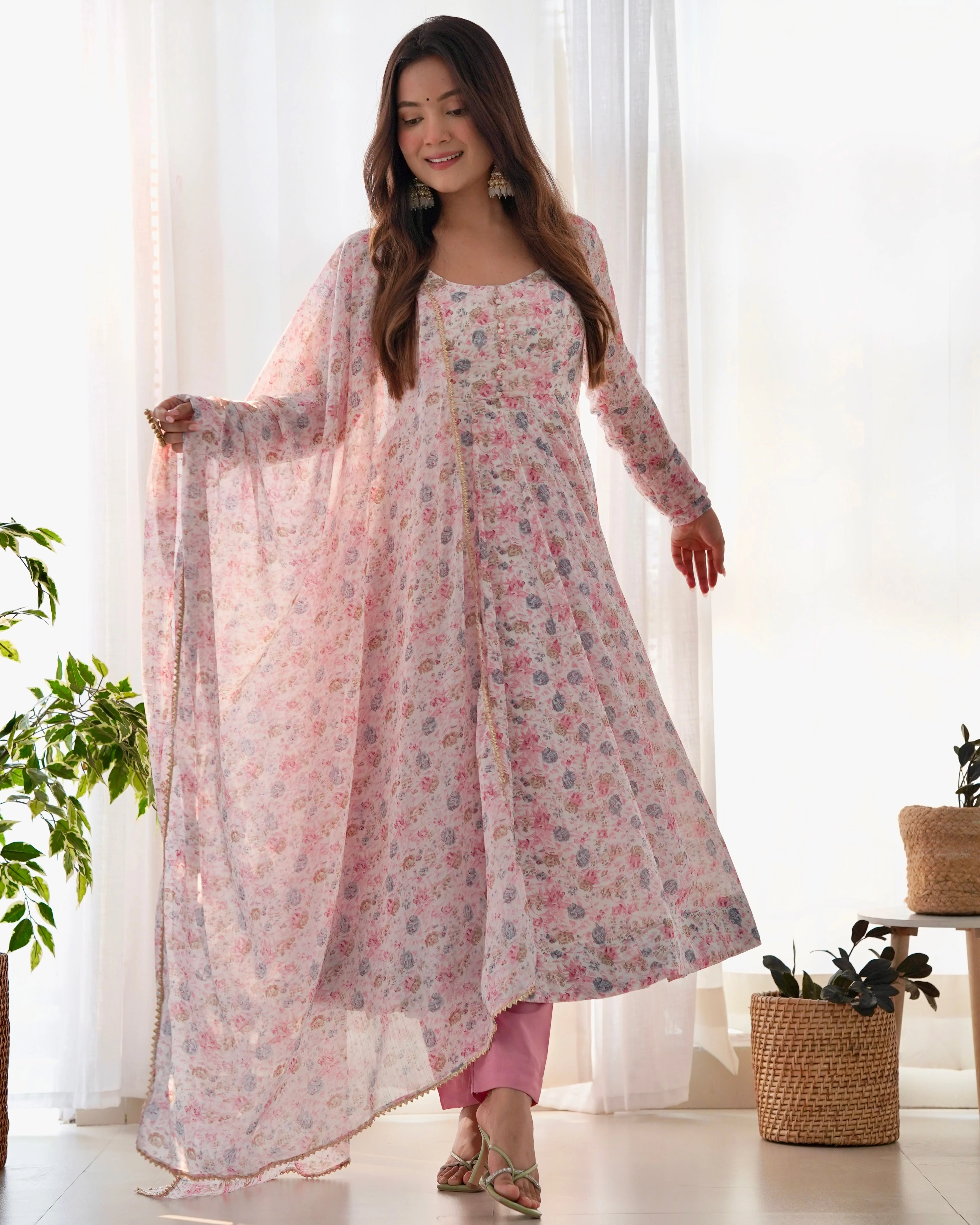 Digitally Printed Pure Chiffon Anarkali Suit With Huge Flair Comes With Duppatta & Pant - Image 5