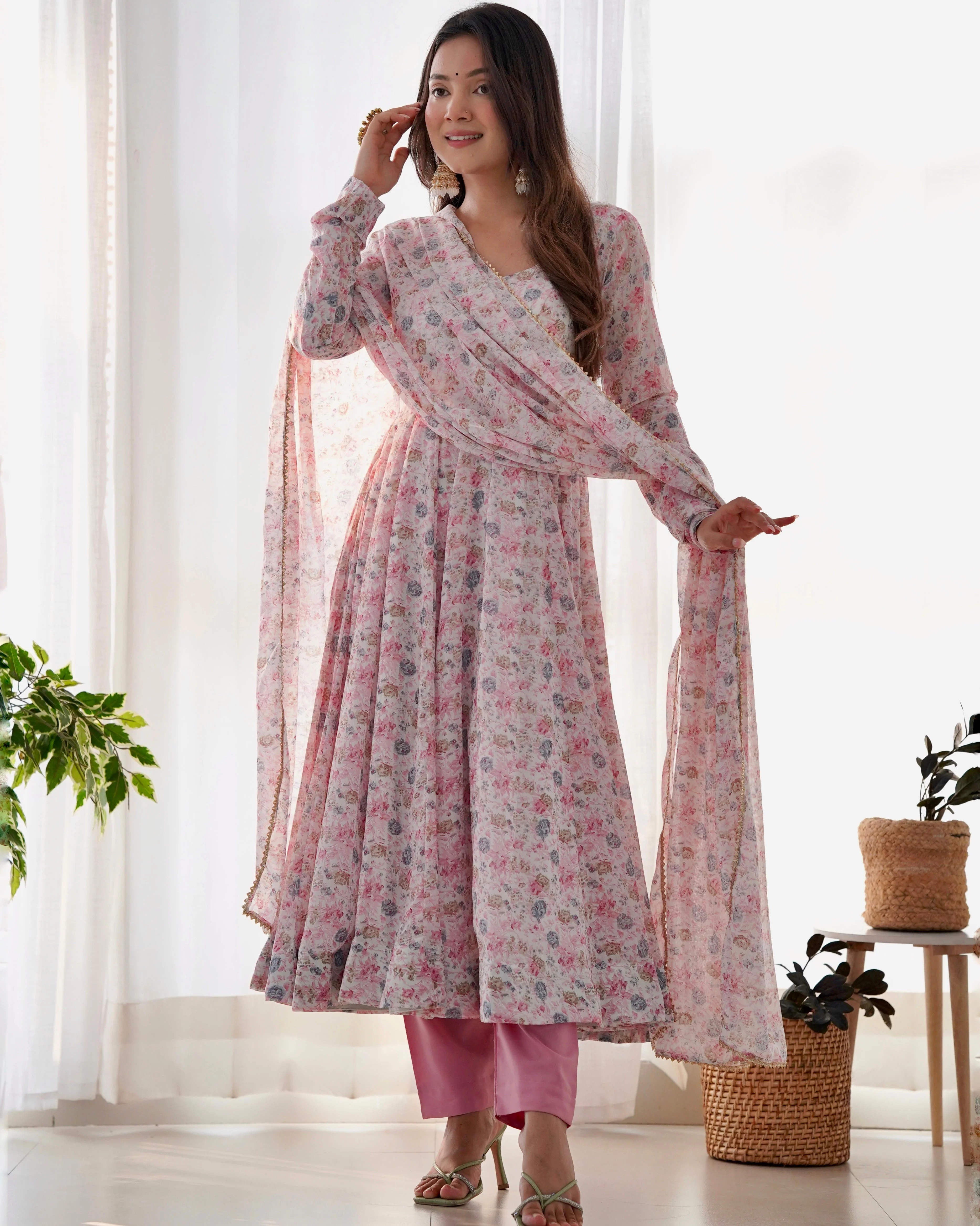 Digitally Printed Pure Chiffon Anarkali Suit With Huge Flair Comes With Duppatta & Pant - Image 6