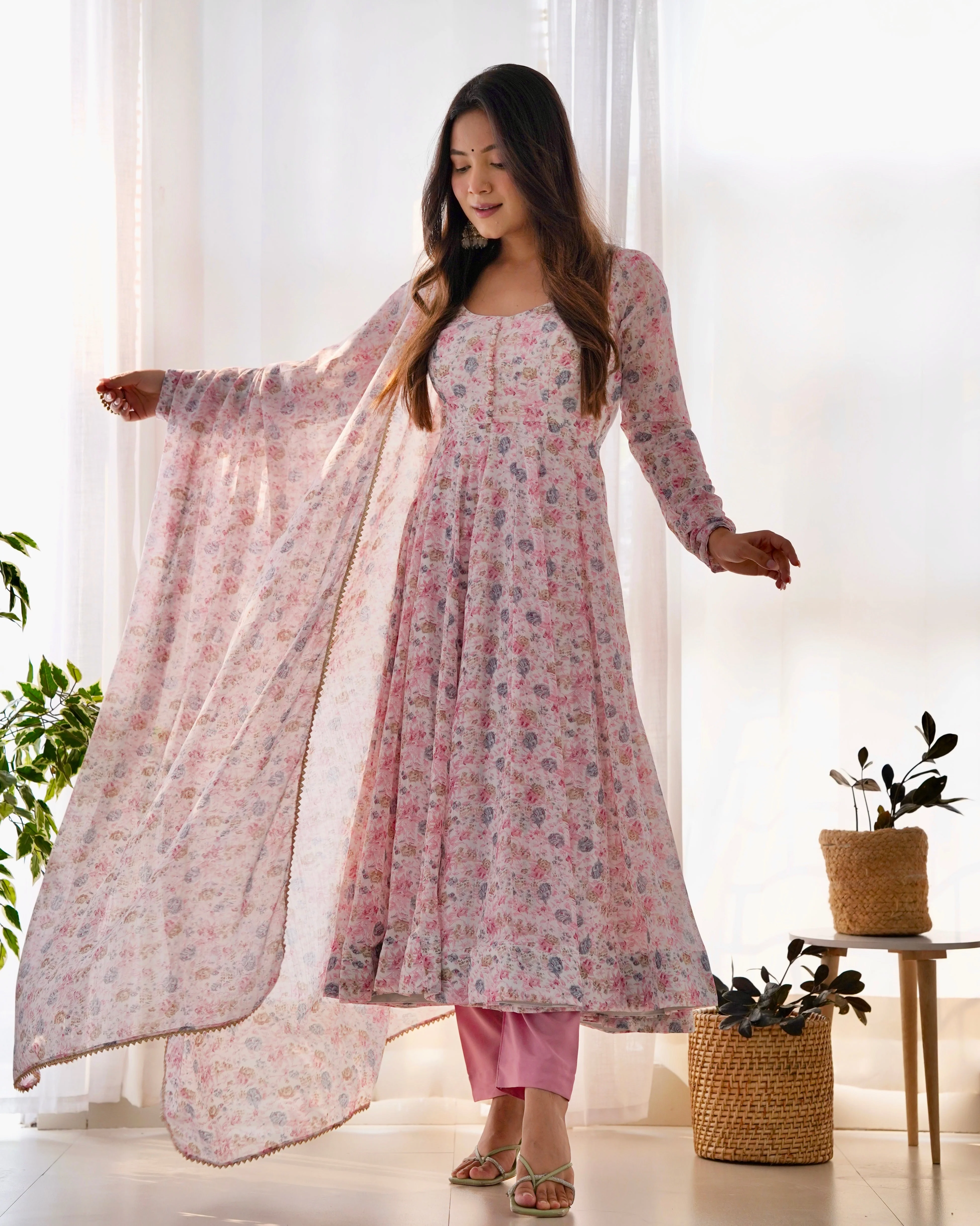 Digitally Printed Pure Chiffon Anarkali Suit With Huge Flair Comes With Duppatta & Pant - Image 7