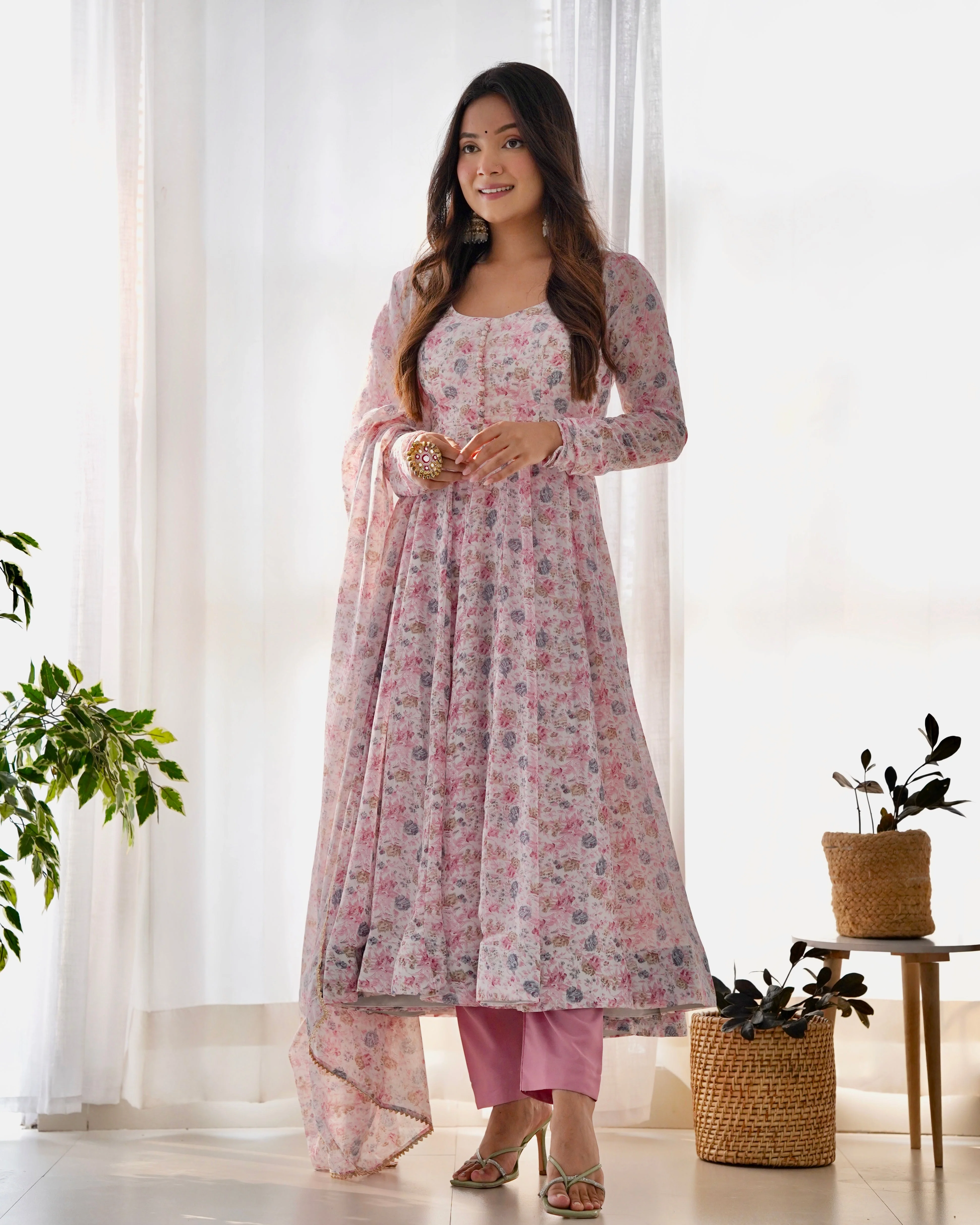Digitally Printed Pure Chiffon Anarkali Suit With Huge Flair Comes With Duppatta & Pant - Image 8