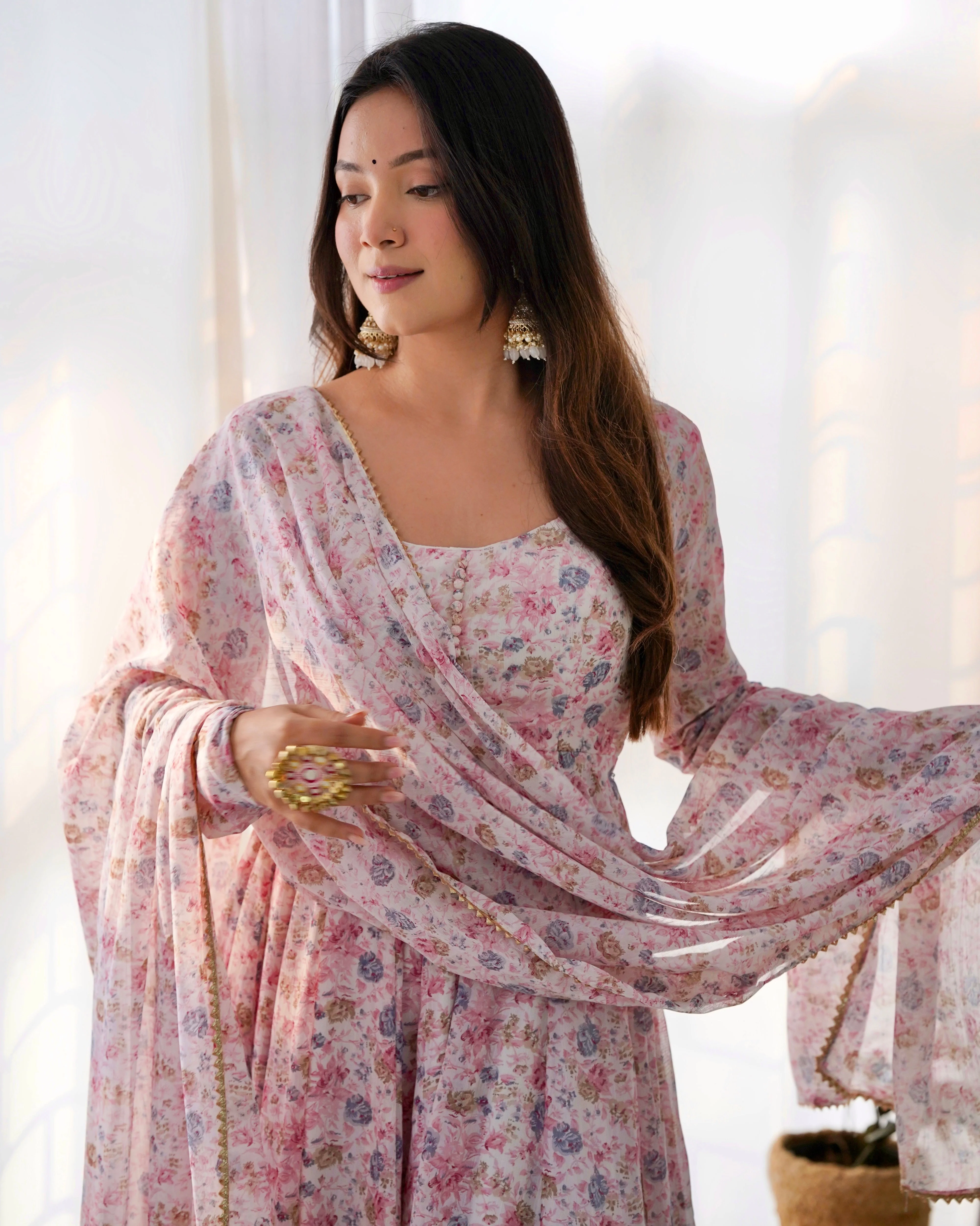 Digitally Printed Pure Chiffon Anarkali Suit With Huge Flair Comes With Duppatta & Pant - Image 9