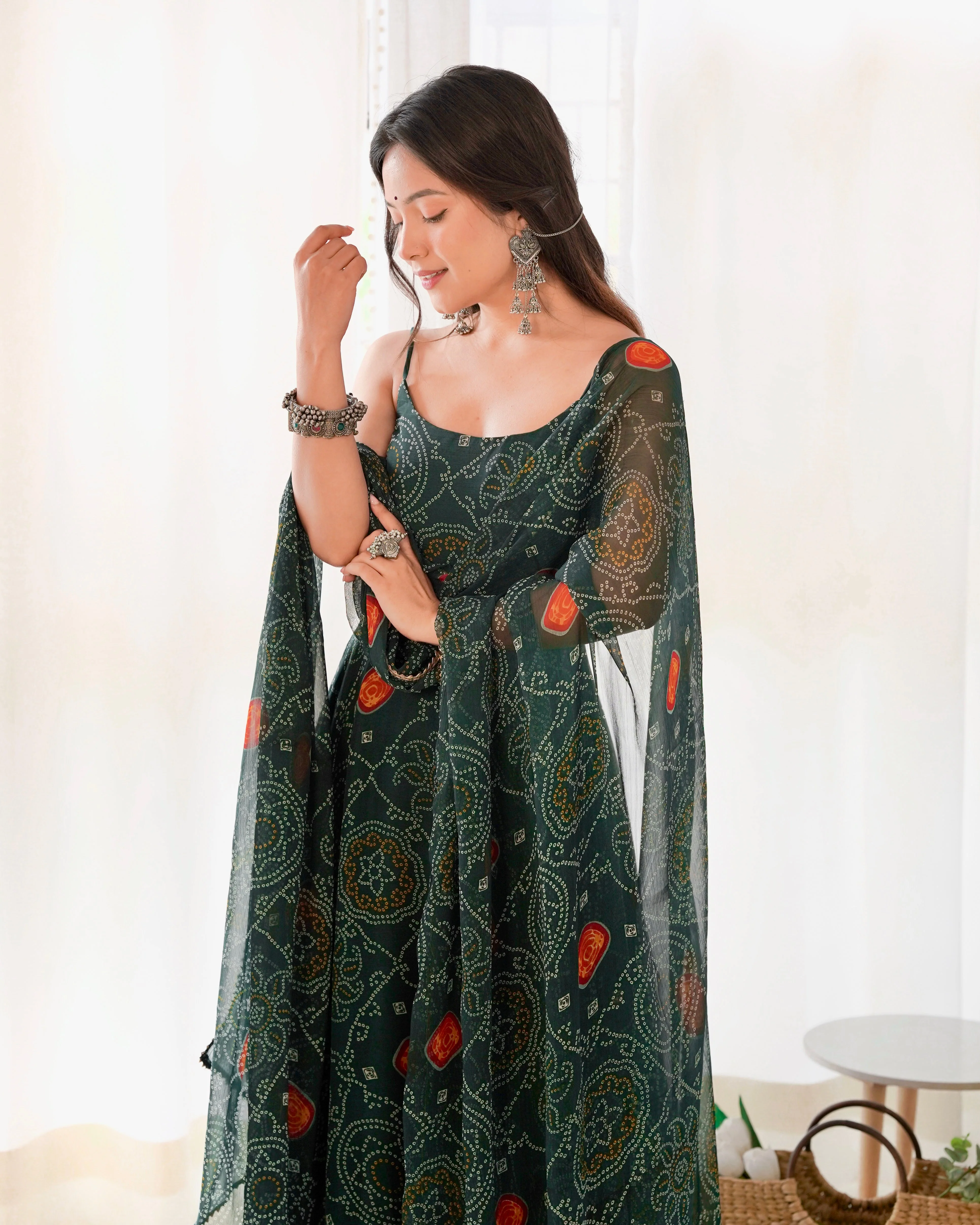 Digitally Printed Pure Chiffon Banndhej Anarkali Suit With Huge Flair Comes With Duppatta & Pant - Image 5
