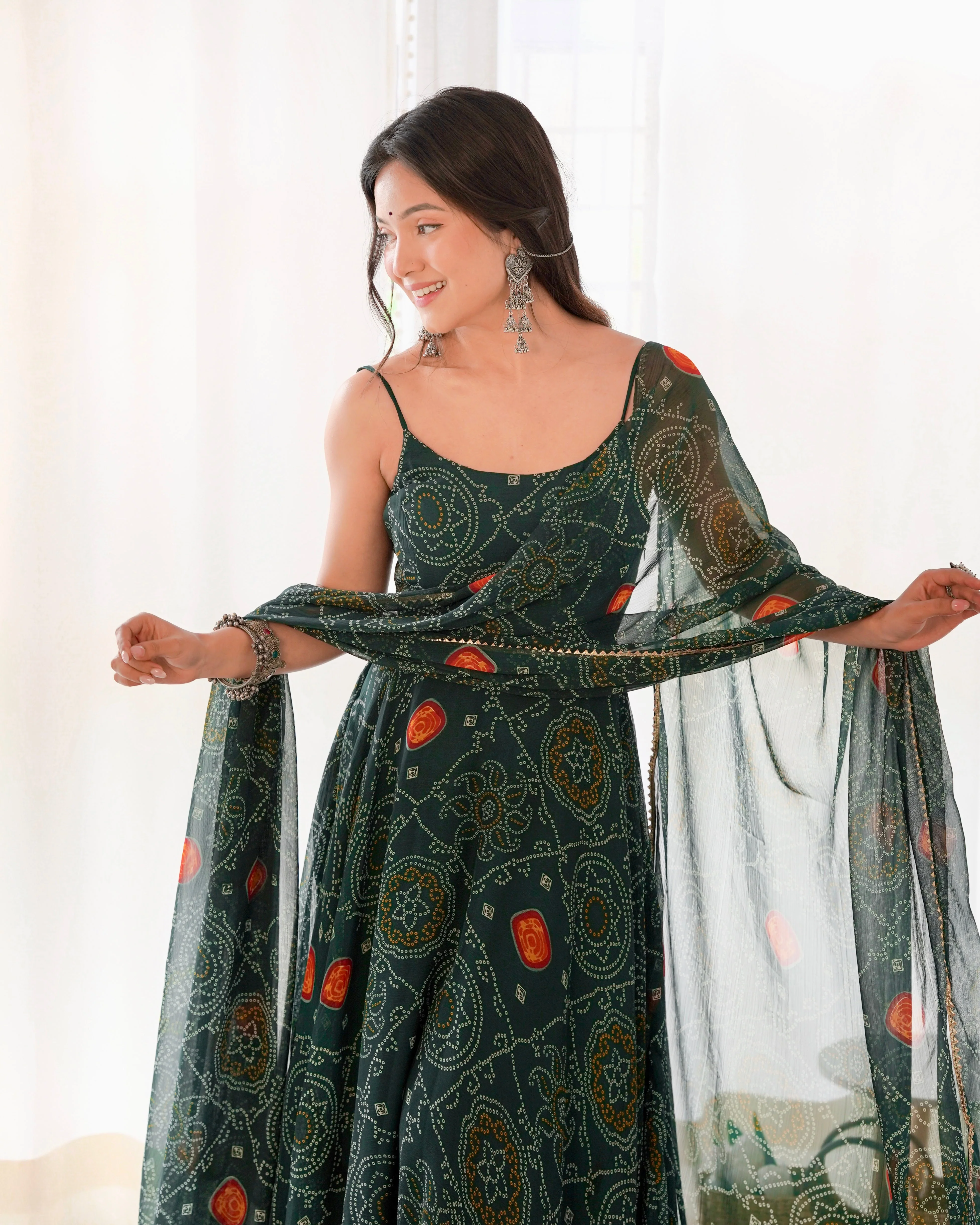 Digitally Printed Pure Chiffon Banndhej Anarkali Suit With Huge Flair Comes With Duppatta & Pant - Image 6