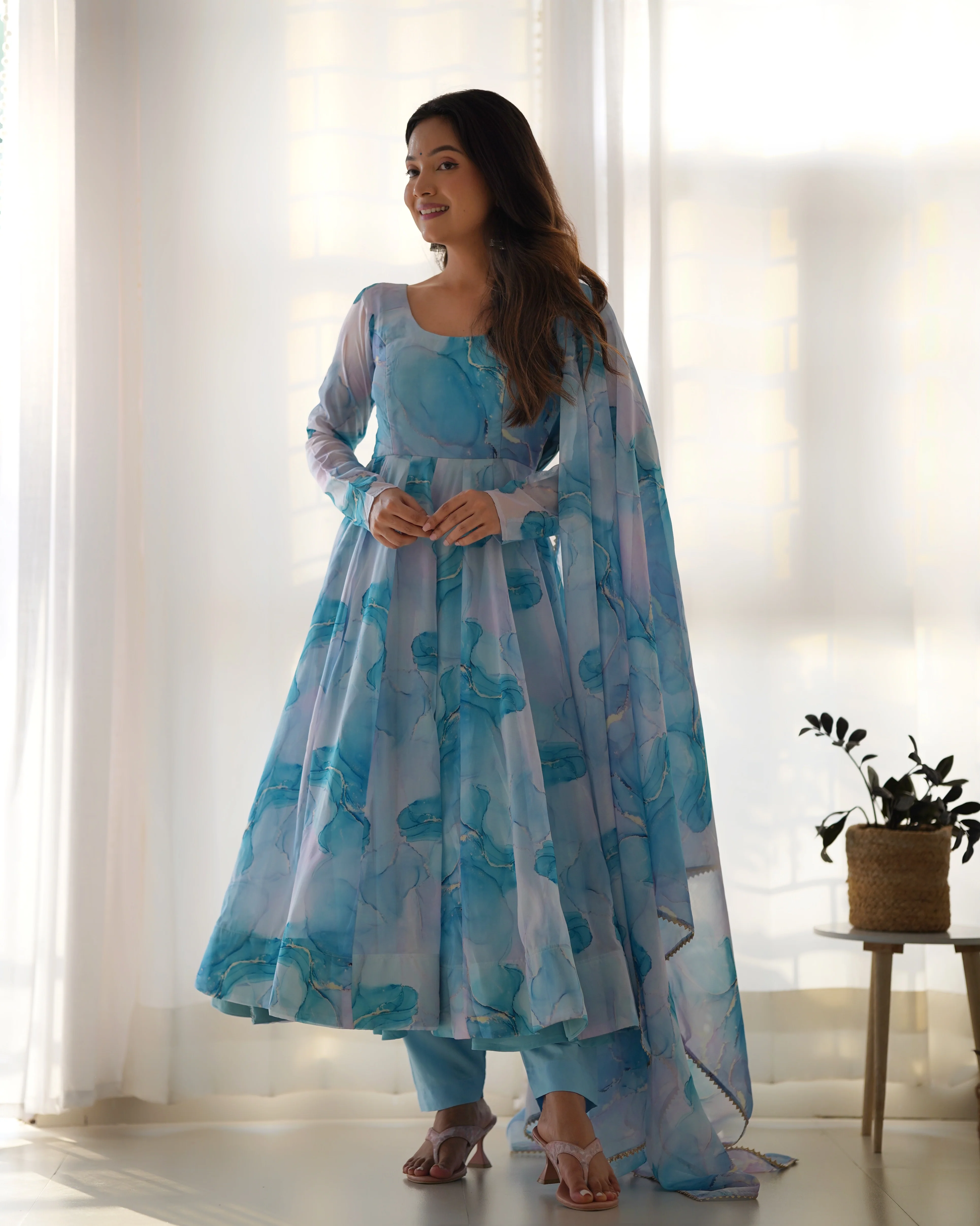 Digitally Printed Pure Organza Silk Marble Print Design Comes With Duppatta & Pant - SKY - Image 3
