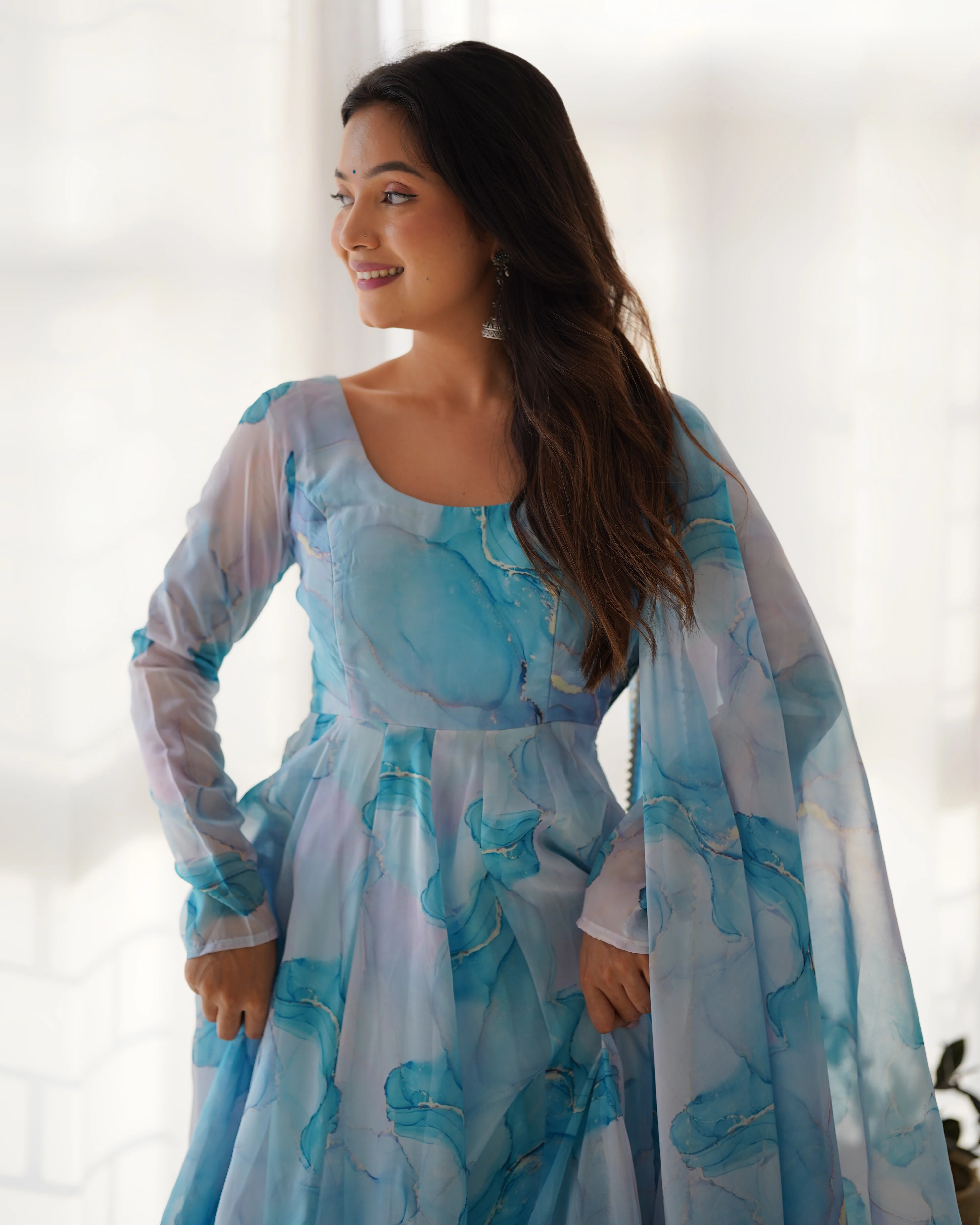 Digitally Printed Pure Organza Silk Marble Print Design Comes With Duppatta & Pant - SKY - Image 5