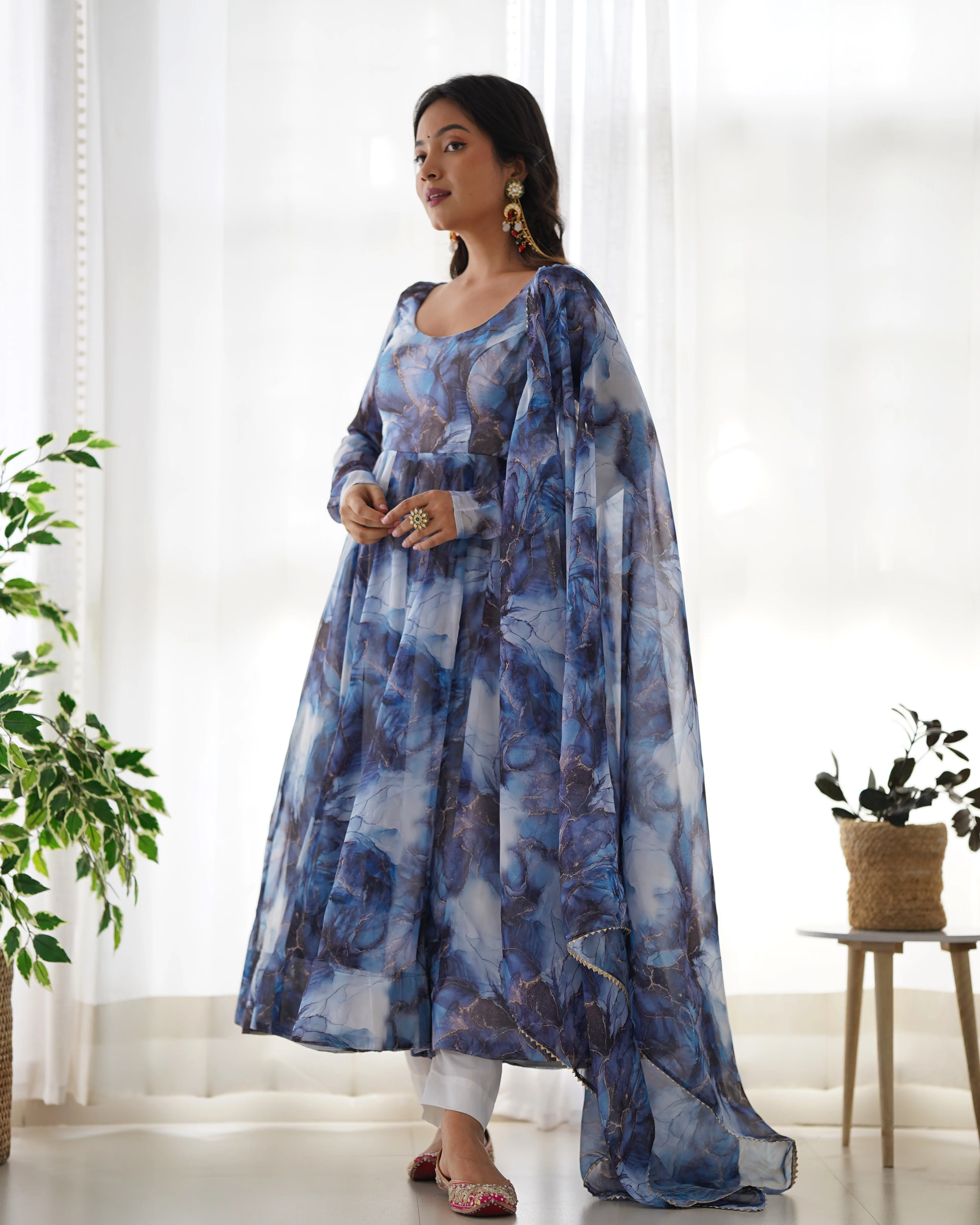Digitally Printed Pure Organza Silk Marble Print Design Comes With Duppatta & Pant - NAVY - Image 3