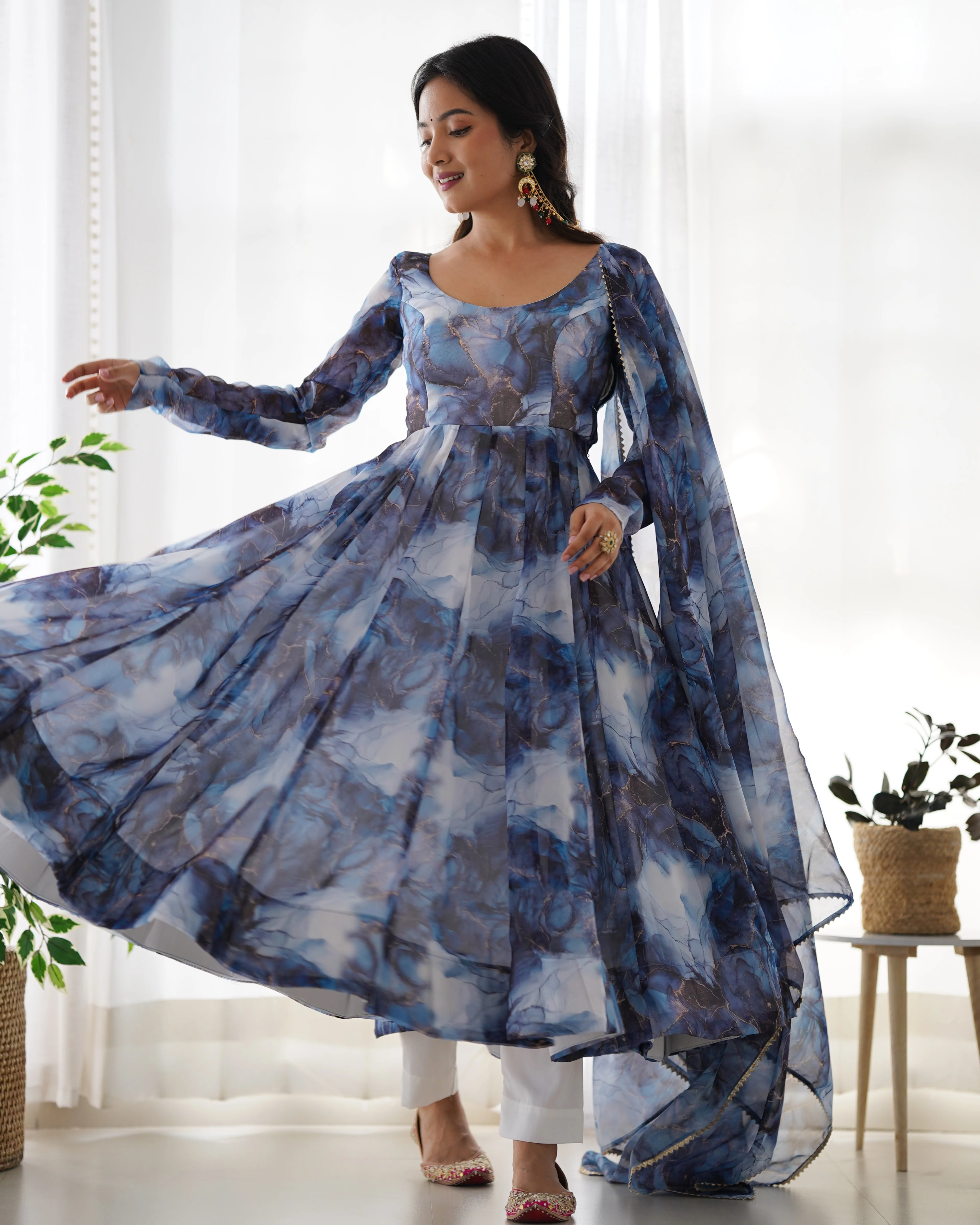 Digitally Printed Pure Organza Silk Marble Print Design Comes With Duppatta & Pant - NAVY - Image 4