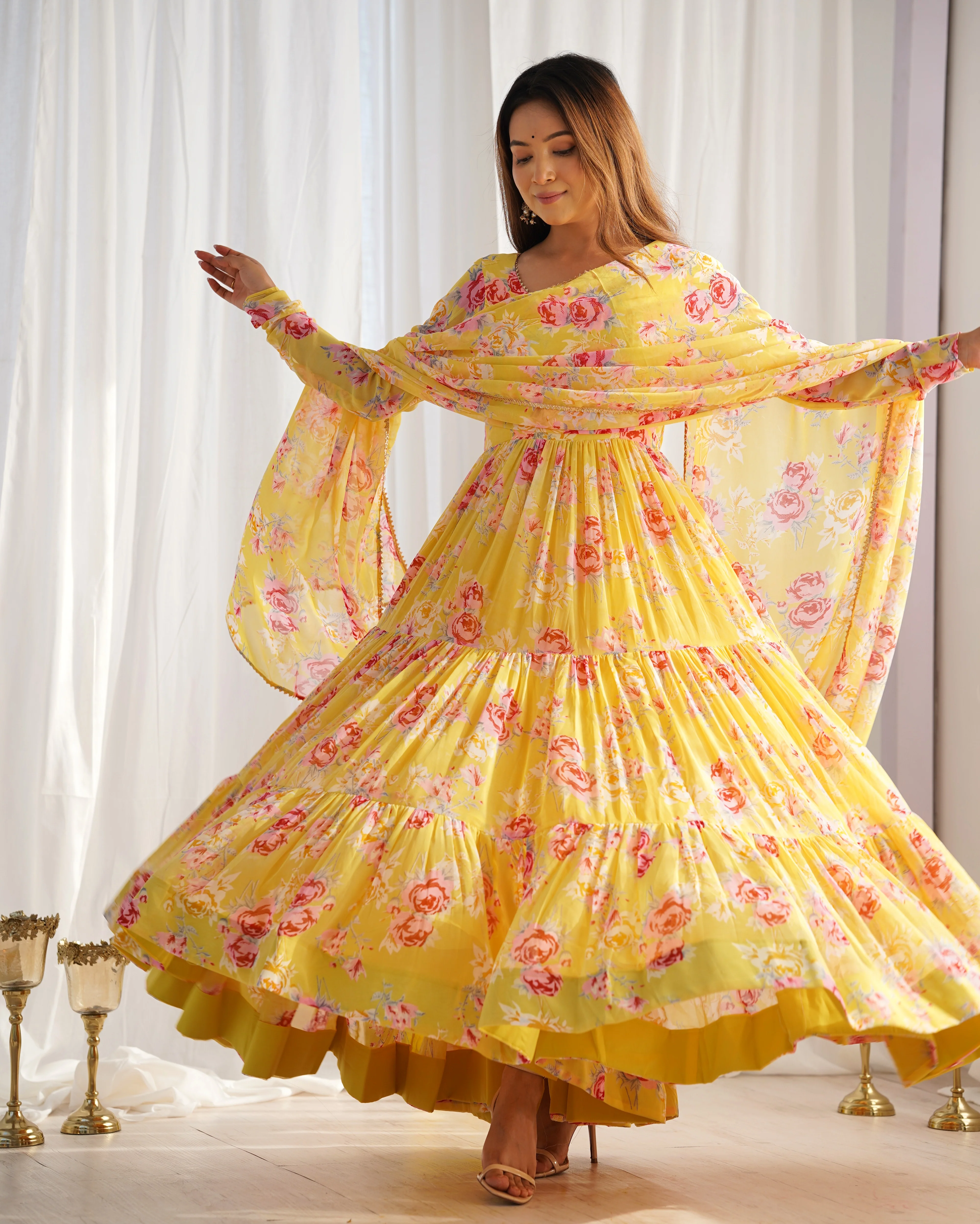 Digitally Printed Pure Soft Faux Georgette Anarkali Suit With Huge Flair Comes With Duppatta & Pant-YELLOW - Image 2