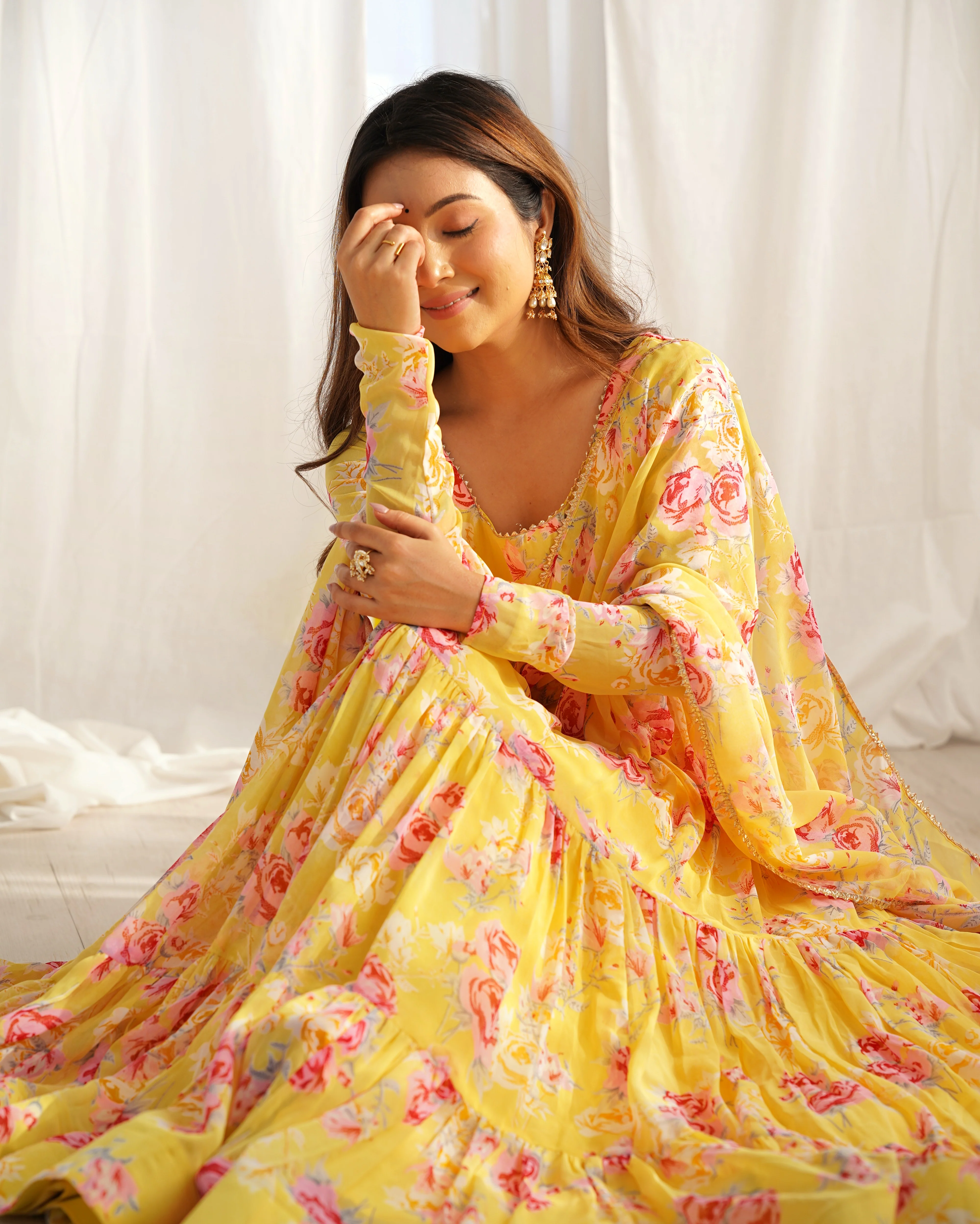 Digitally Printed Pure Soft Faux Georgette Anarkali Suit With Huge Flair Comes With Duppatta & Pant-YELLOW - Image 5