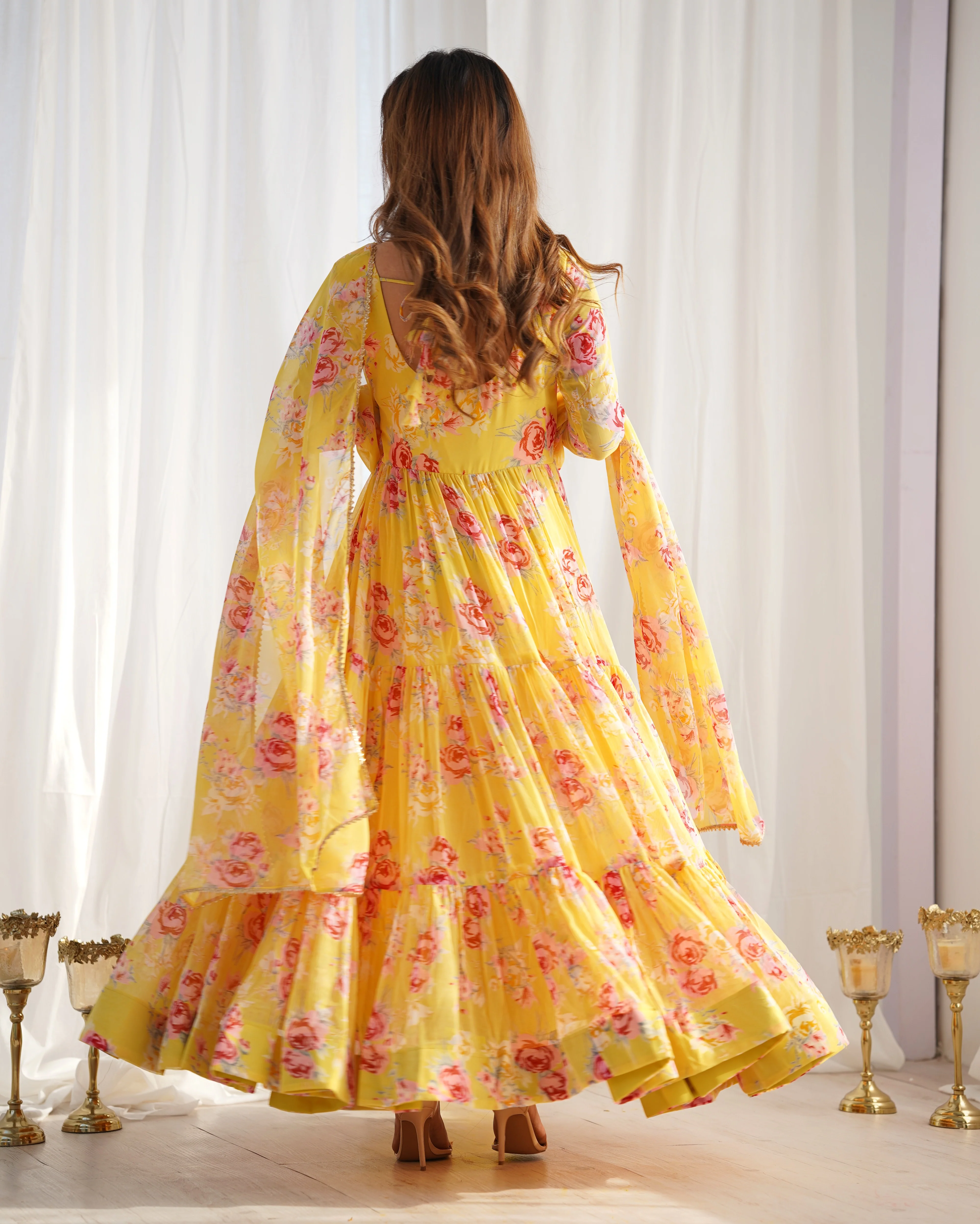 Digitally Printed Pure Soft Faux Georgette Anarkali Suit With Huge Flair Comes With Duppatta & Pant-YELLOW - Image 7