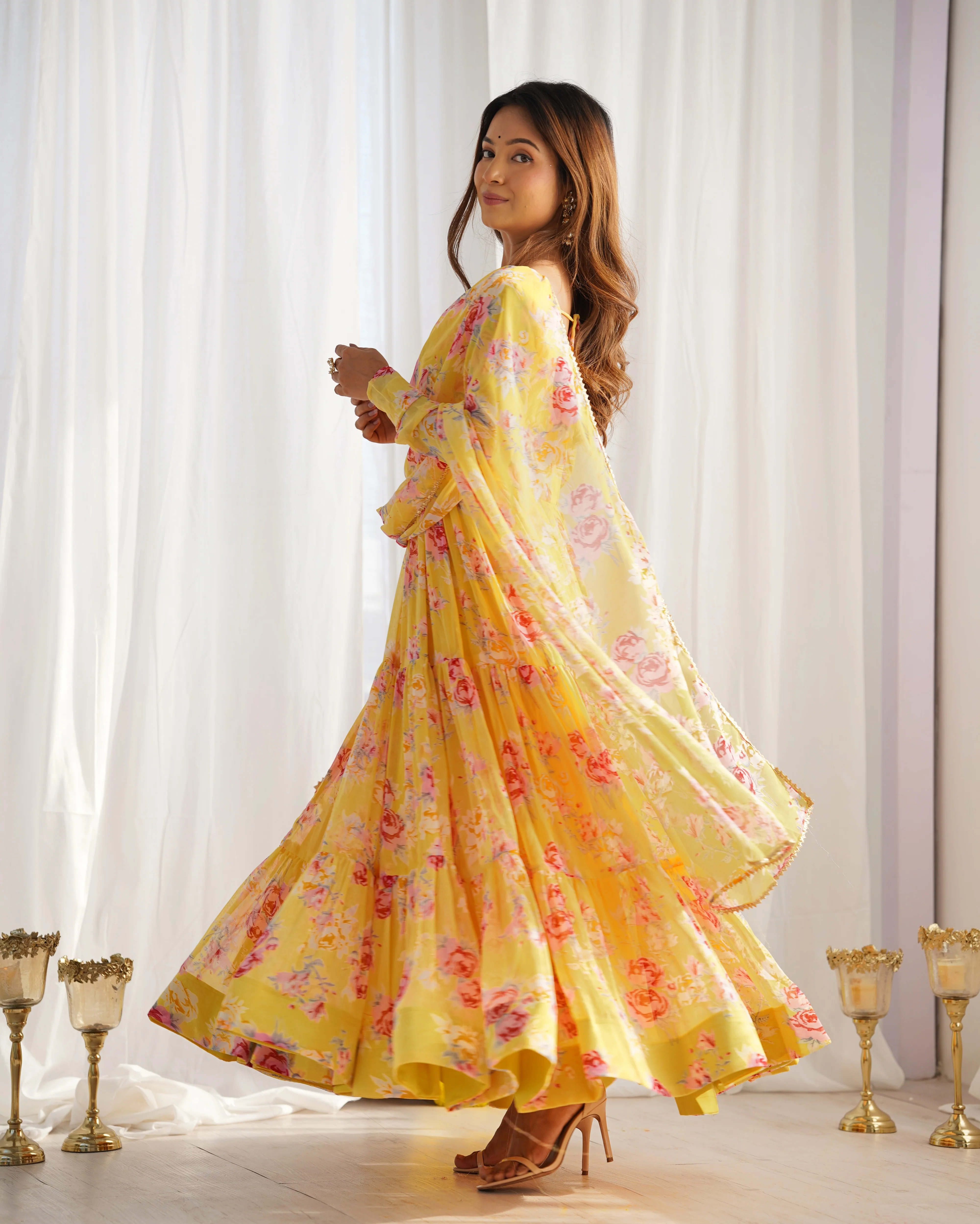 Digitally Printed Pure Soft Faux Georgette Anarkali Suit With Huge Flair Comes With Duppatta & Pant-YELLOW - Image 9