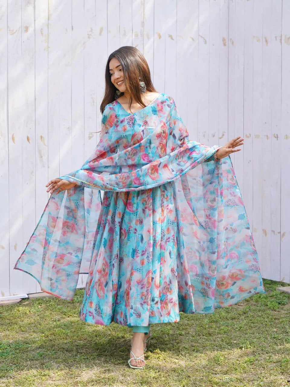 Digitally Printed Pure Soft Organza Anarkali Suit With Huge Flair Comes With Duppatta & Pant - Image 3
